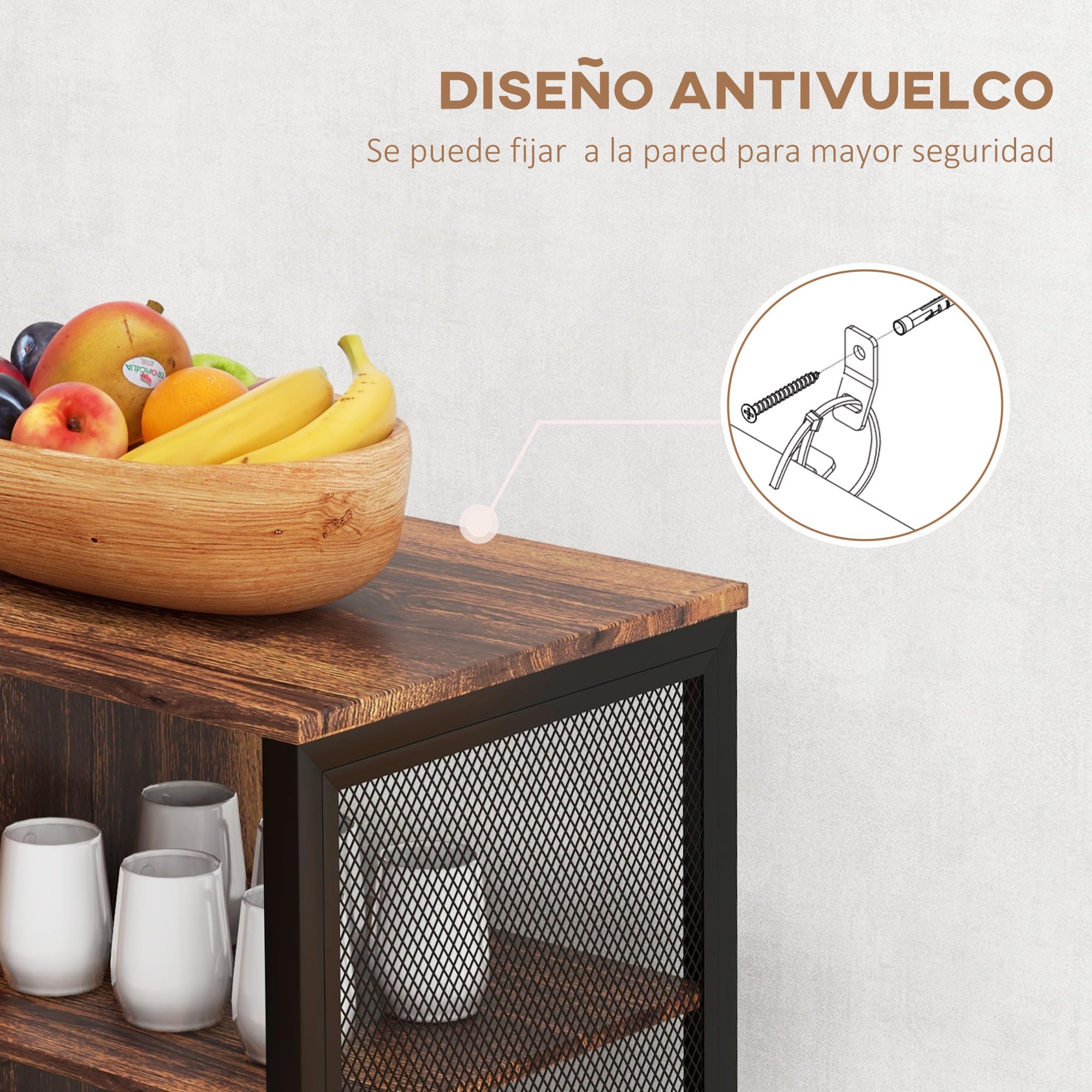 HOMCOM Aparador de Cocina Industrial con 6 Estantes Marrón Rústico | Mueble Buffet Auxiliar, Estante Ajustable, Porta Copas, para Bar, Comedor 120x40x76 cm,