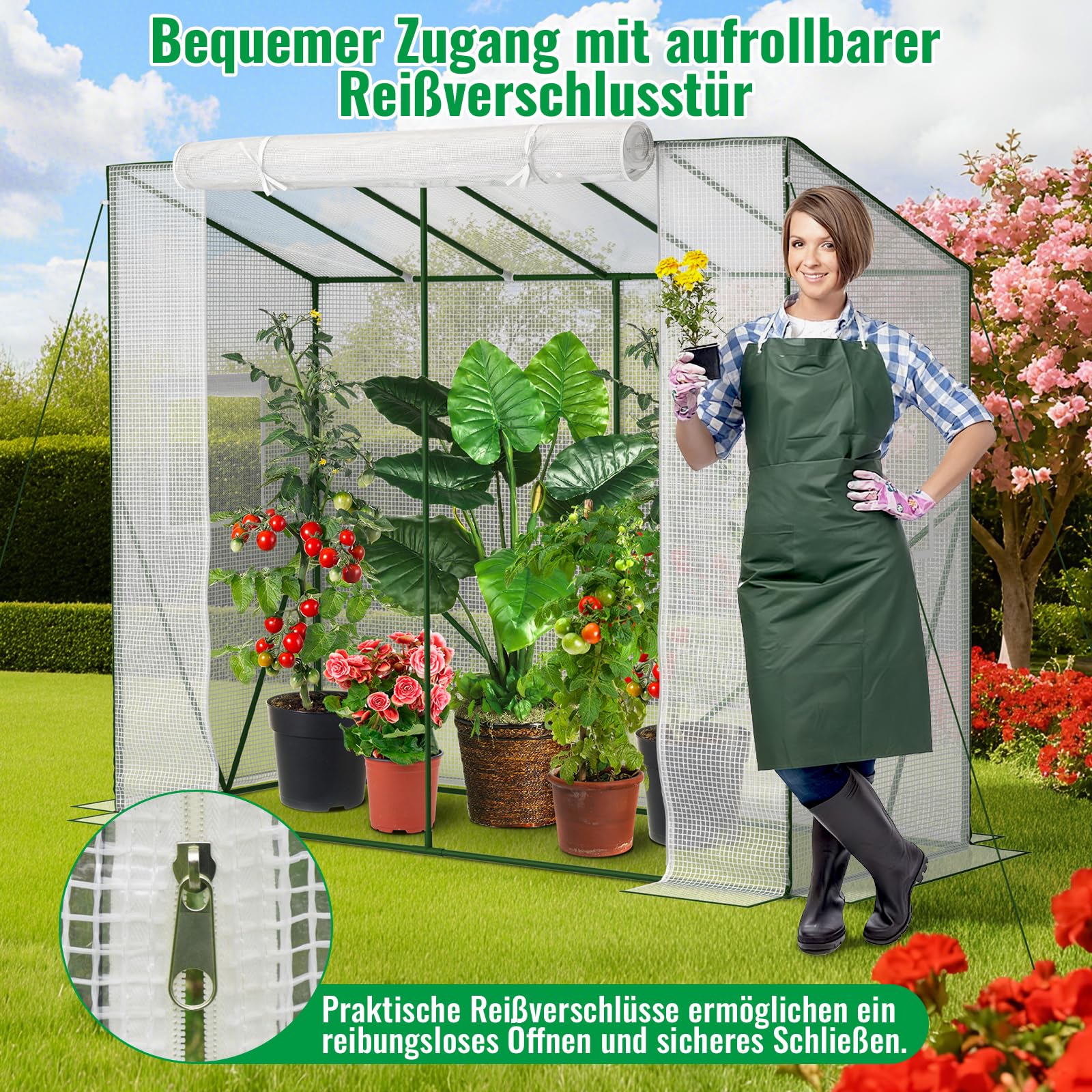 Velway Tomaten Gewächshaus Foliengewächshaus Stabil - 208x81x170/141cm Winterfest Tomatenhaus Schrägdach Garten Treibhaus mit PE Gitterfolie, Belüftungsfenster, Erdanker und Winddichten Seile - Weiß
