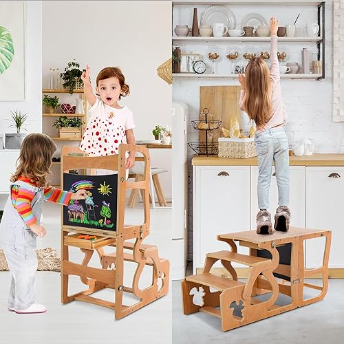 Miniatura 2 de Taburete de cocina de torre para niños pequeños, Montessori de pie con pizarra, taburetes 3 en 1 para la espalda de los niños, aprender cocina de