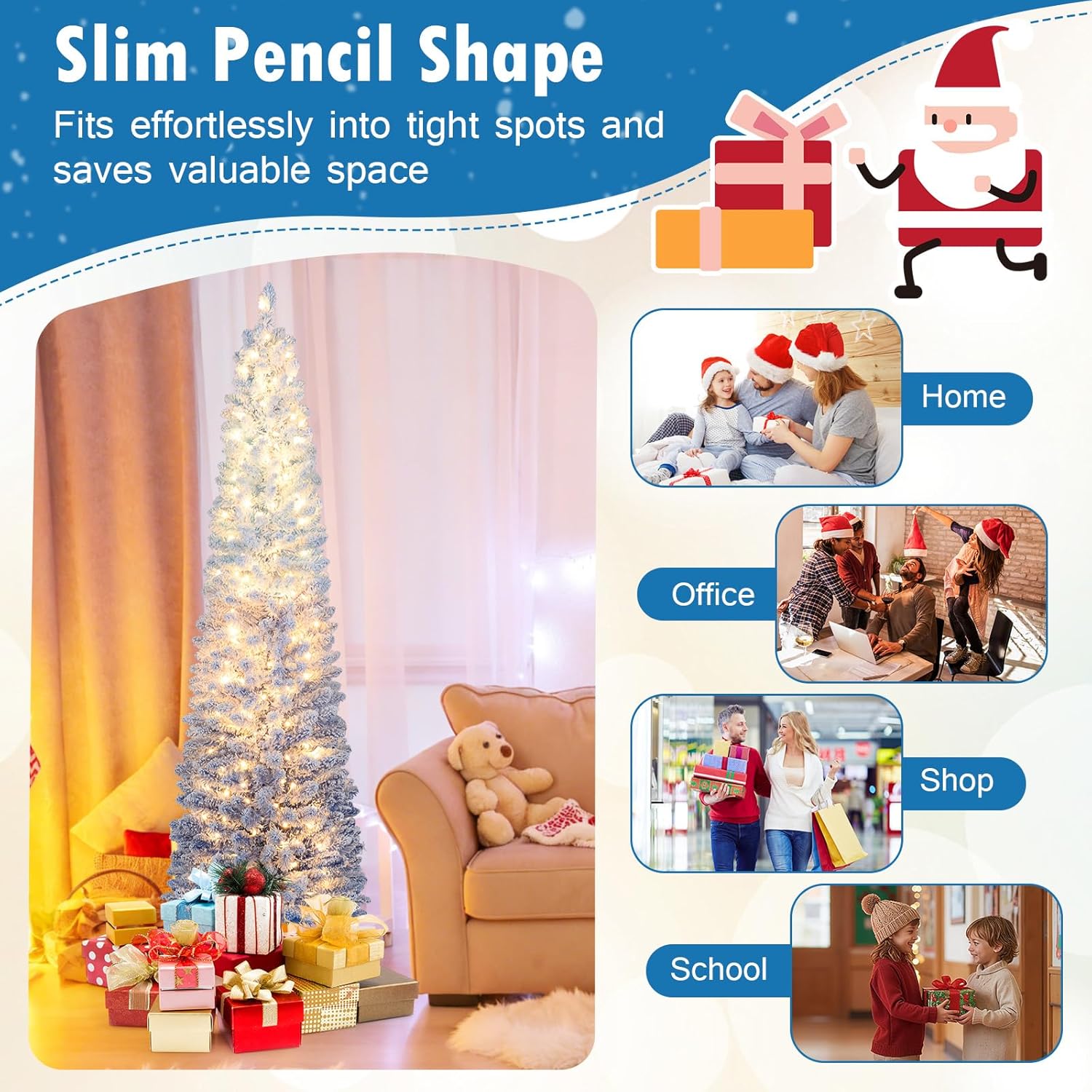 HAPPYGRILL 6 FT Pre-lit Flocked Pencil Christmas Tree Blue Slim Artificial Xmas Tree with 435 Branch Tips, 220 Warm White LED Lights, 8 Lighting Modes, Auto Timer