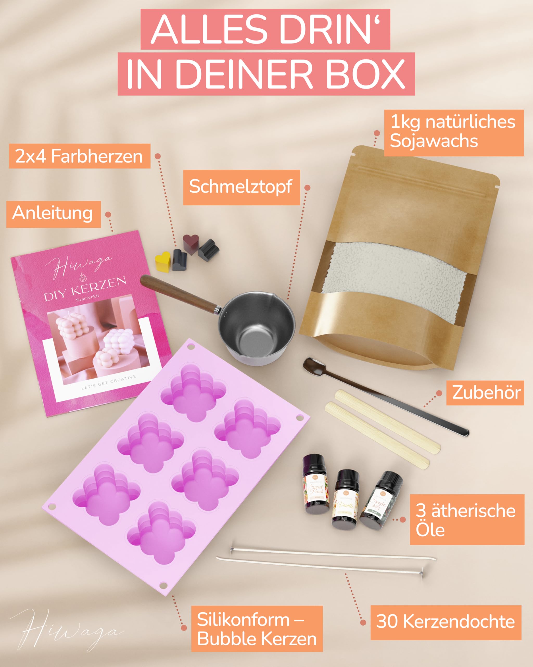 Hiwaga DIY Kerzen selber machen Set für Erwachsene, Starterkit für kreative Kerzenherstellung, Kerzen gießen Set Erwachsene, DIY Komplettset inkl. Rohwachs, Farben, Duftöle und Silikonform