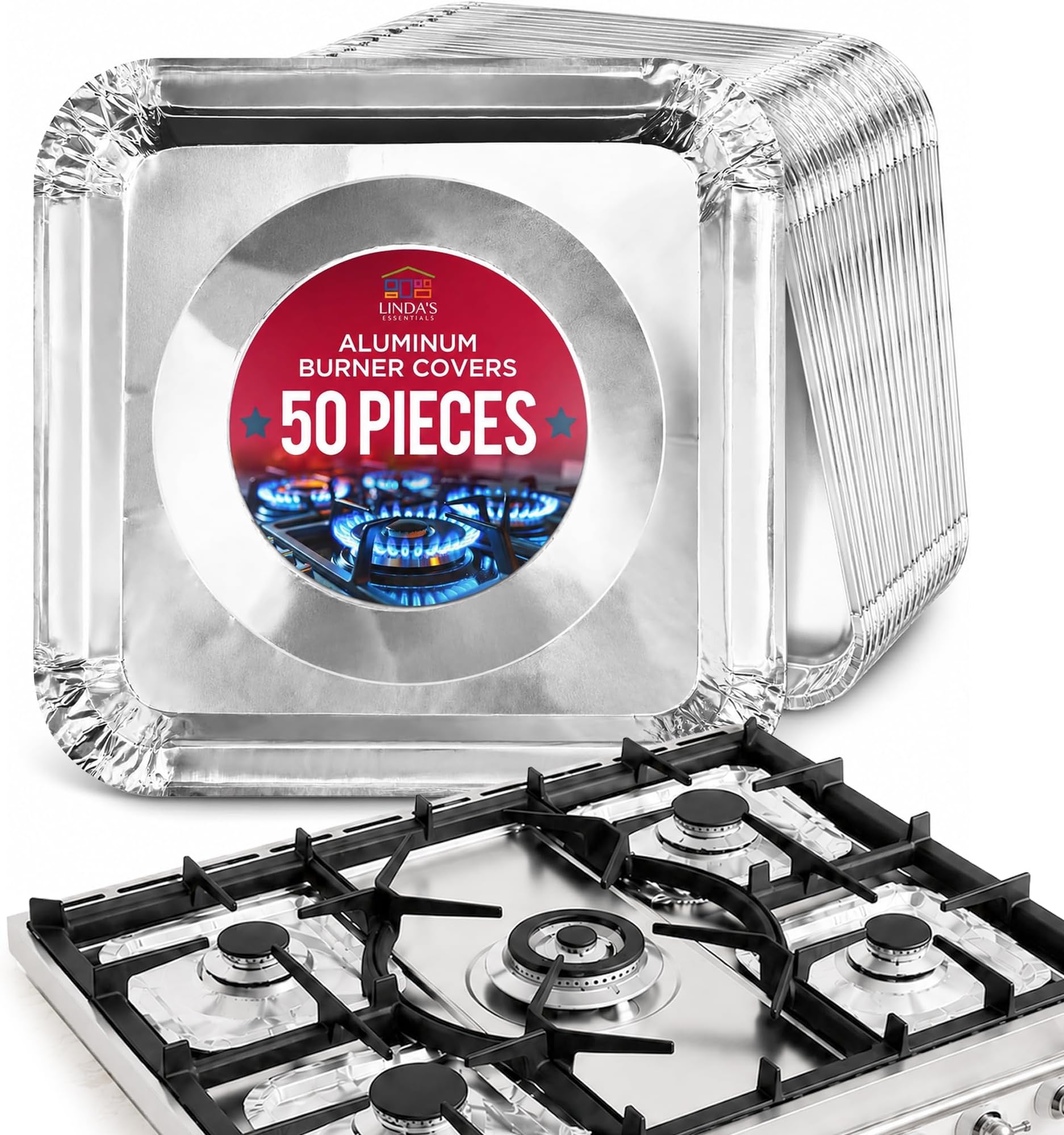 Linda's Essentials Gas Stove Burner Liners by (50 Pack) | Disposable Aluminum Stove Burner Covers | 8.5โ Square Heat Resistant Gas Range Cover | Keep Stovetop Clean | Thick Foil Gas Range Protector