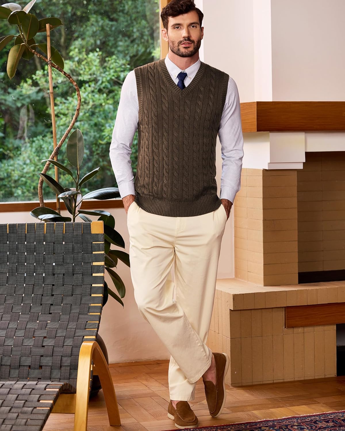 Kallspin Mens Sweater Vest Wool Blend Cable Knit V Neck Sleeveless Pullover Casual Bussiness Knitwear - Image 2