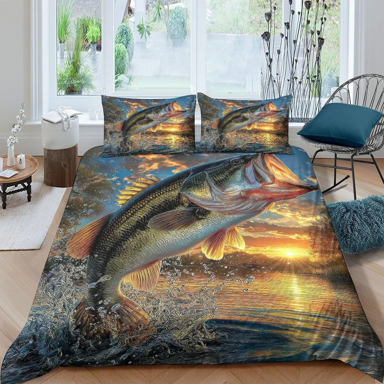 Ctjqhvkz Style-9 3D Printed Jumping Fish Fitted Sheet Microfiber Soft Sunset Lake Mattress Cover For Bedroom Living Room Decor Single（135X200cm）