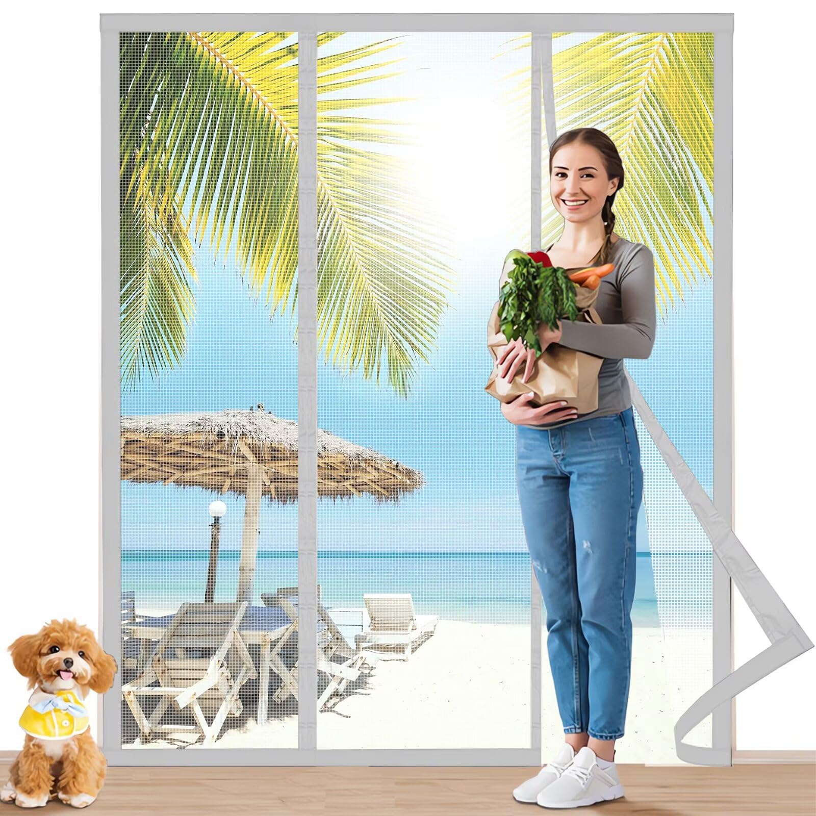 Rideau de protection contre le pollen des insectes pour caravane, porte moustiquaire, protection contre les insectes pour caravanes175x260cm Blanc, fermeture automatique