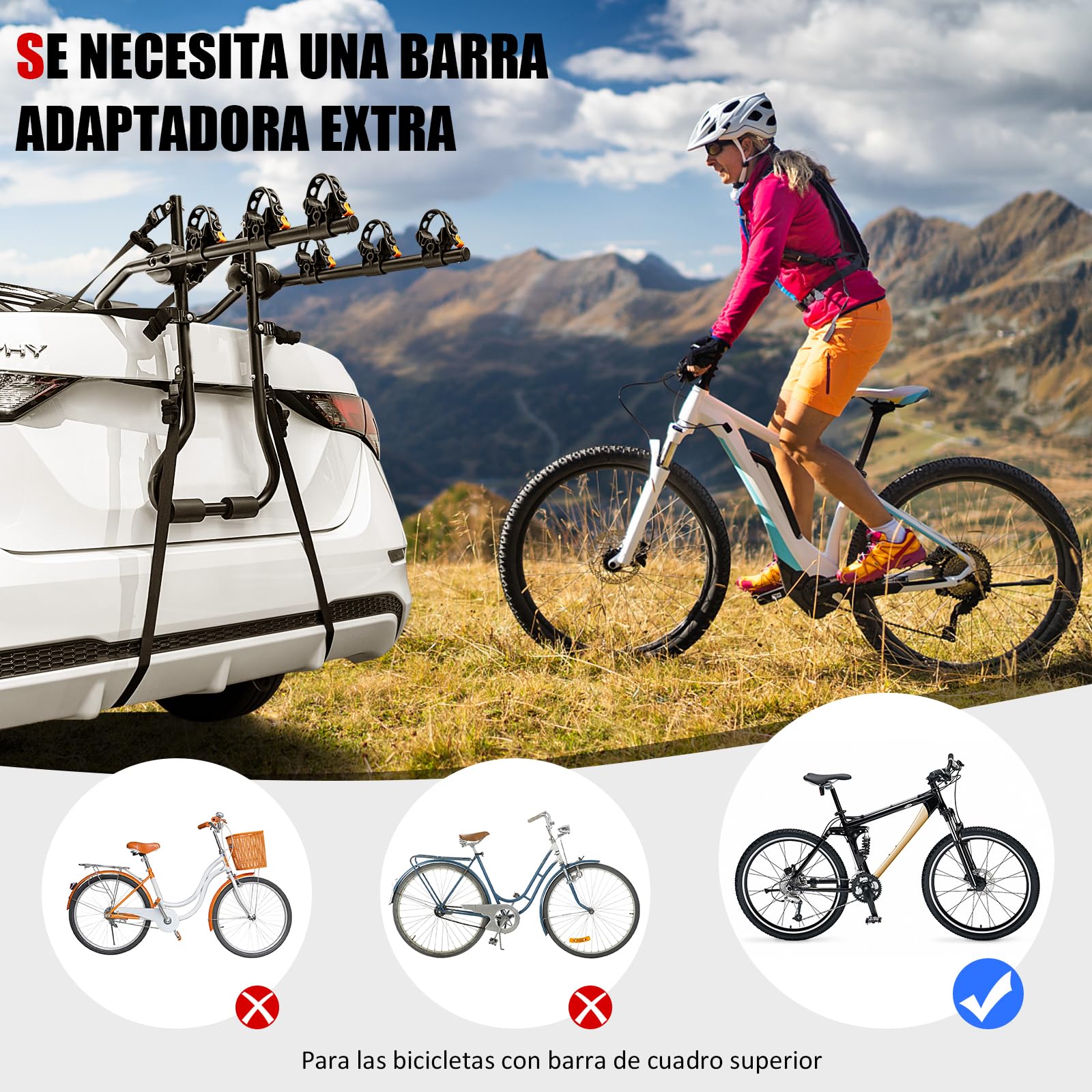 GYMAX Portabicicletas Coche con Longitud y Ángulo Ajustables para 3 Bicicletas, Soporte para Maletero para Maletero con Barra Superior y la Mayoría de Sedanes, Hatchbacks, Minivans y SUV