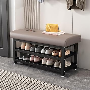 Retro Metal Shoe Storage With 2 Shelves Adjustable Foot Pads Design Shoe Bench With High Resilience Foam Seat Cushion Shoe Rack Bench For Enterway Hallway Living Room,Gray,23.6*12.2*19.3in