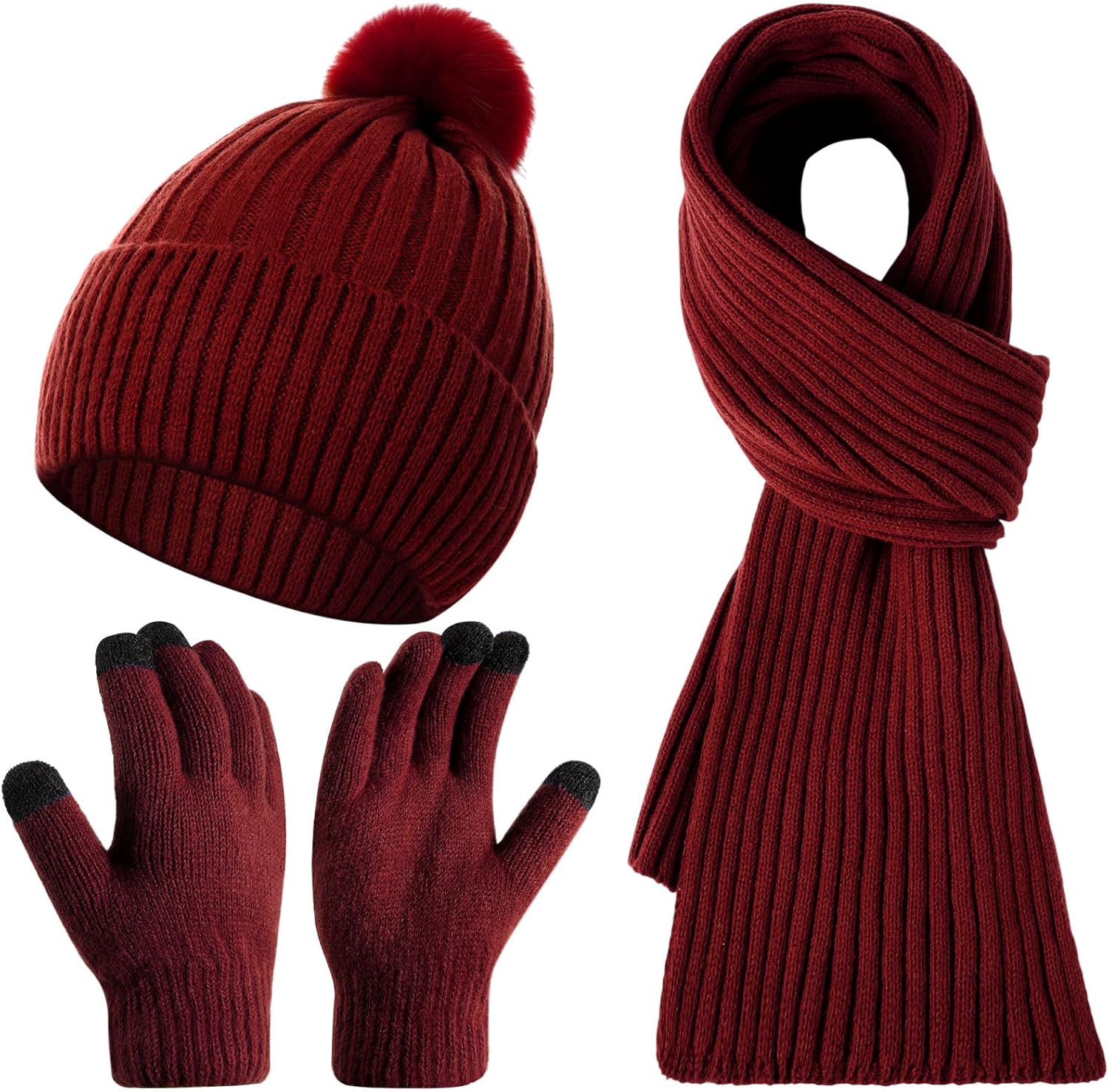 3 Pcs Winter Beanie Hat Scarf Gloves Set for Women Men, Knit Hats Pom Warm Long Scarf Touchscreen Gloves