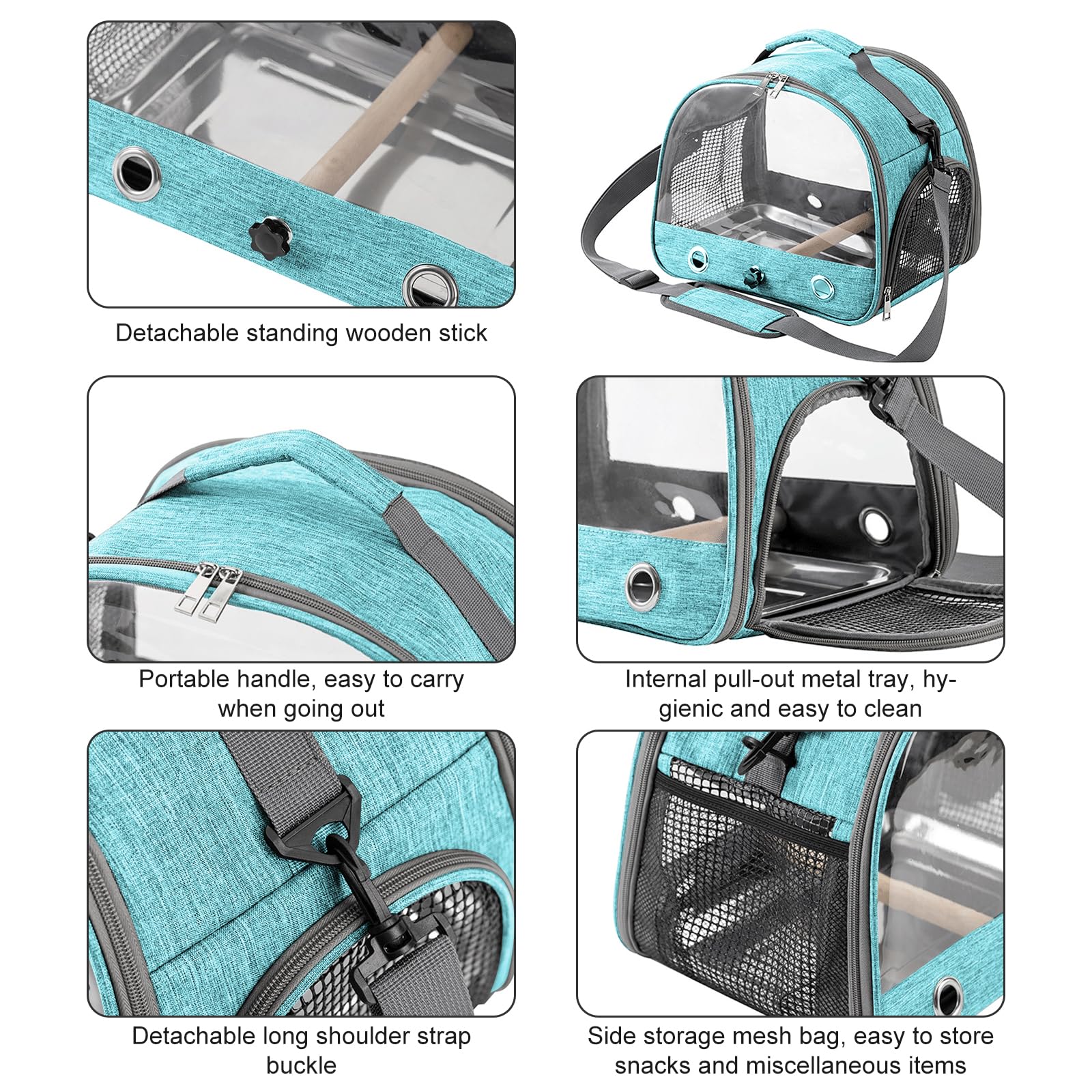Borsa per il Trasporto di Uccelli con Asta e Vassoio in Acciaio Inox, Zaino Portatile per Pappagalli con Asta di Legno (Blue)
