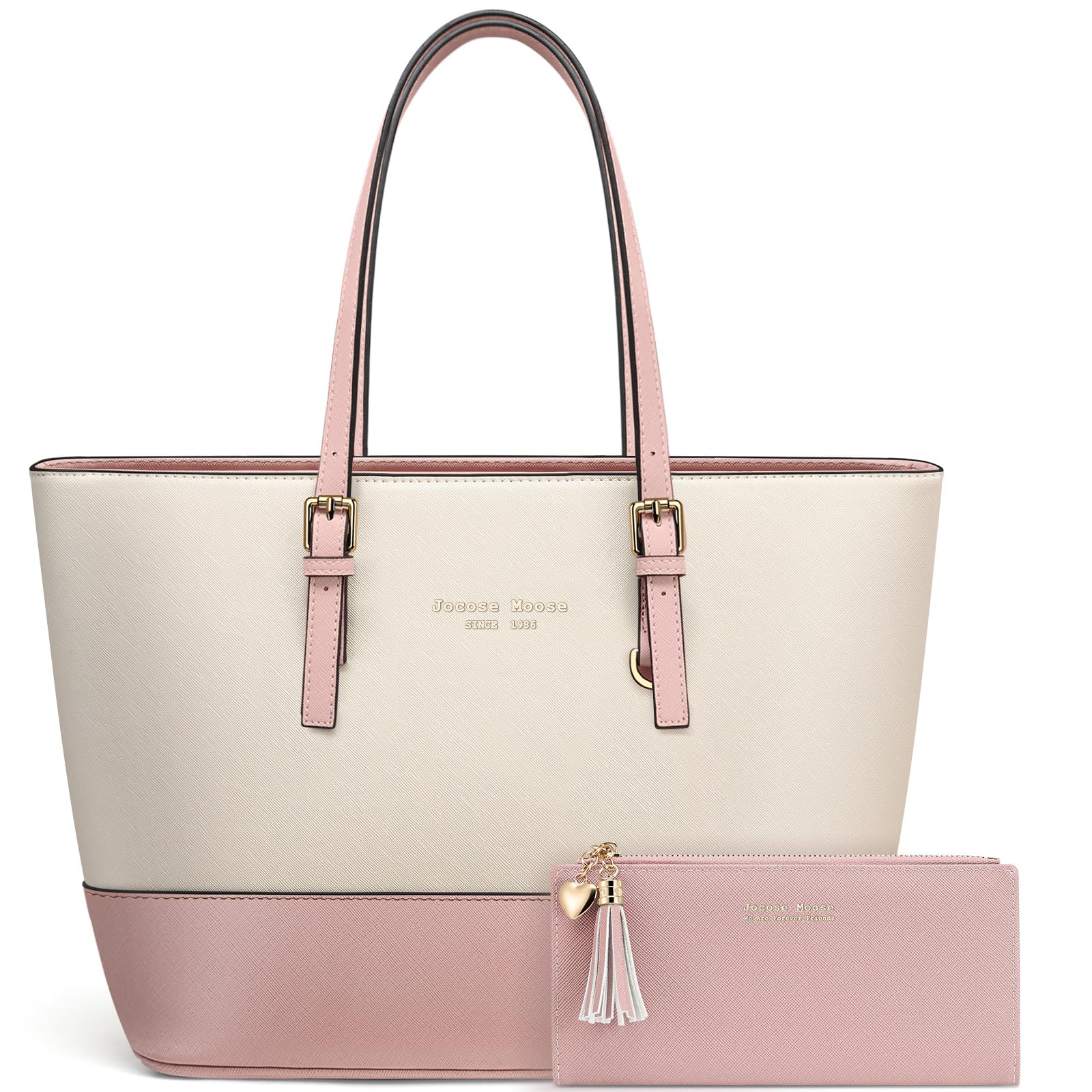 Jocose Moose Women's Beige & Pink Tote Bag For ,Large Pu Leather Shoulder Bag,Lightweight Fashion Computer Handbag With Purse For Work School Travel