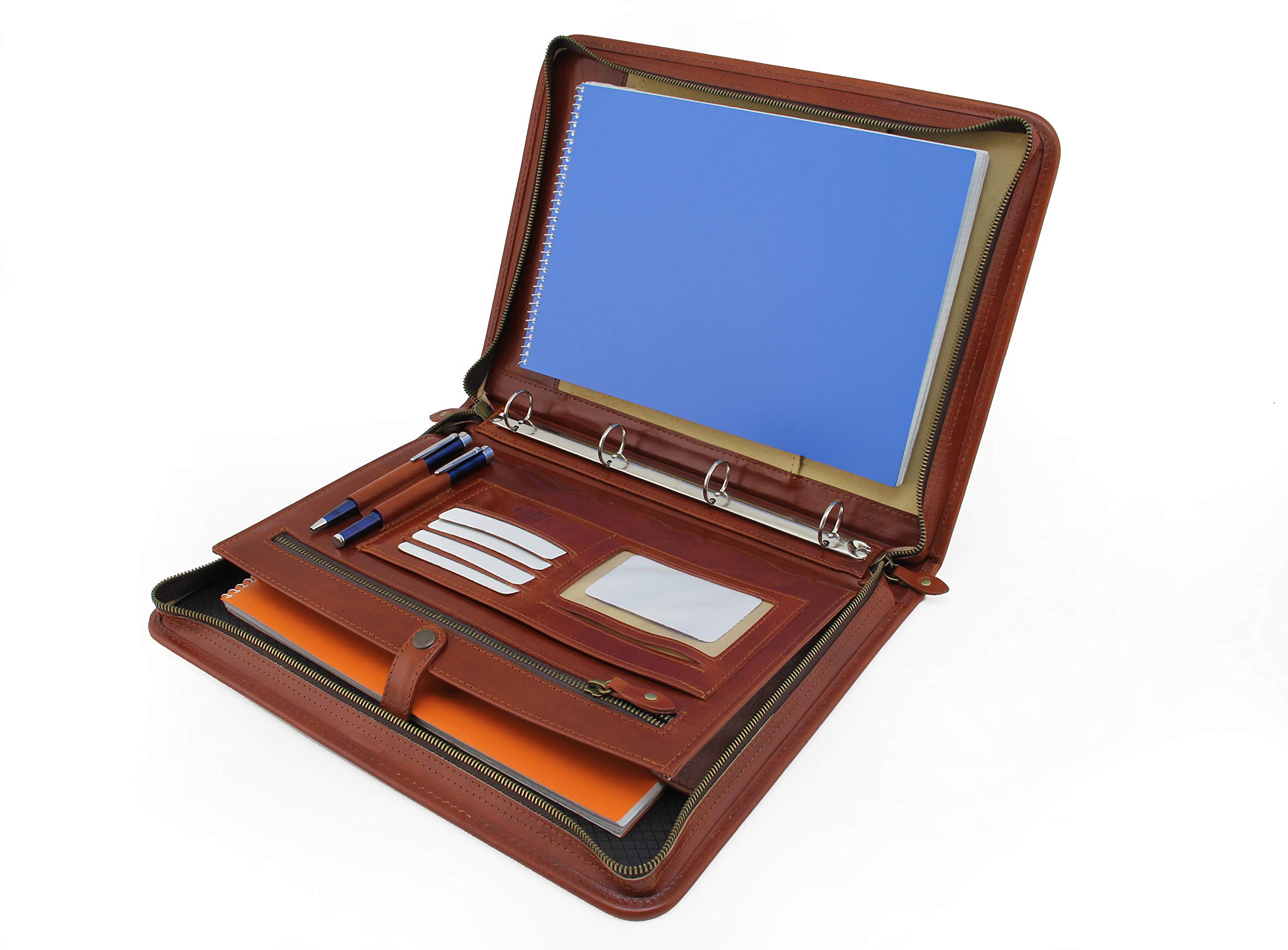 Leder Organizer, Leder Dokumentenmappe, Leder Portfolio, Dokumentenhalter, Tablet-Tasche, Ledermappe, Dokumententasche, 4 Ringbuch (Cognac)
