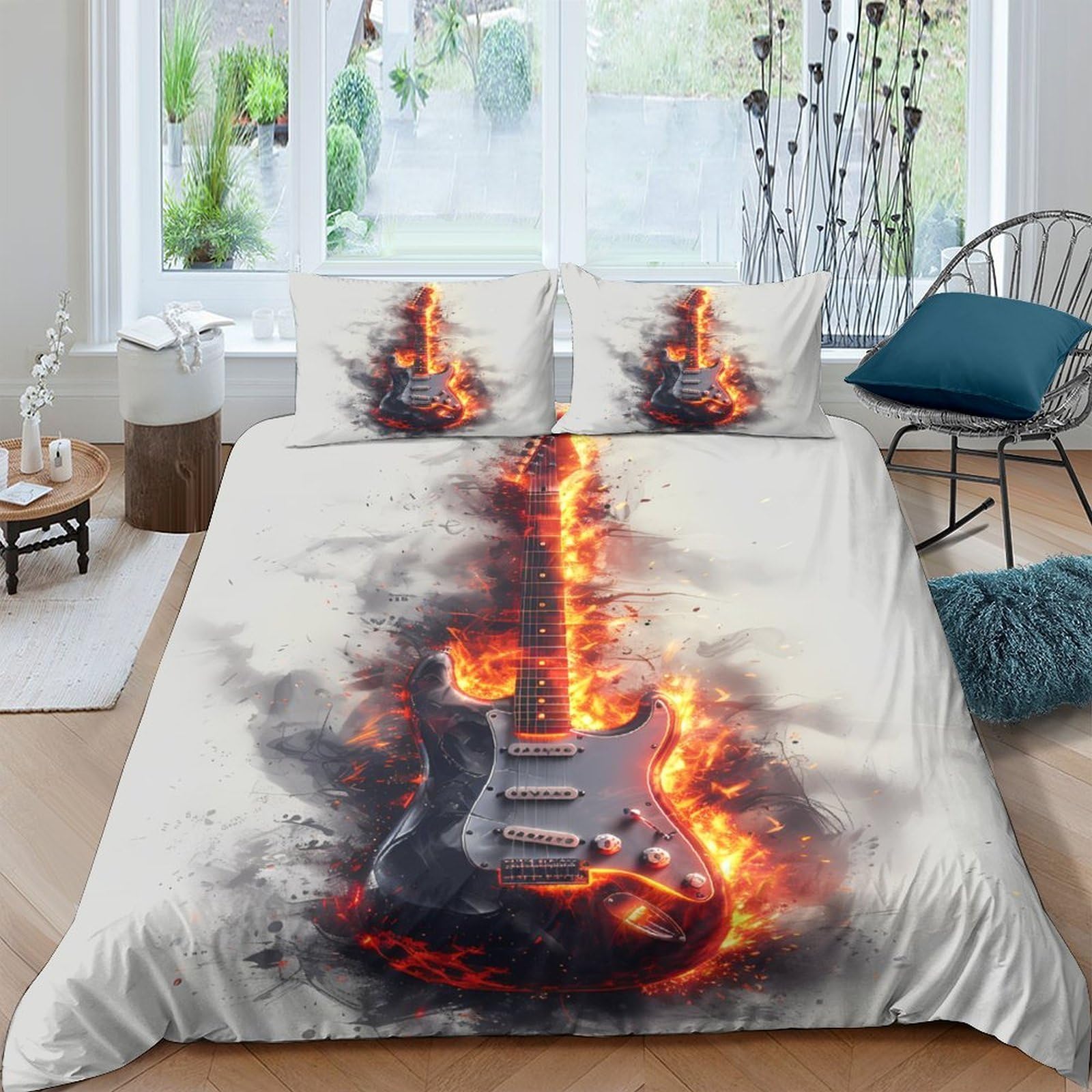 Ctjqhvkz Style-4 3D Printed Burning Guitar Fitted Sheet Microfiber Soft Black Orange Music Flame Mattress Cover For Bedroom Dorm Bed Decor Single（135X200cm）