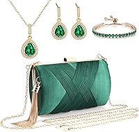 VZZNN Green Tassel Clutch Purse & Jewelry Set for Women - Evening Bag with Earrings, Necklace, Bracelet for Weddings, Proms