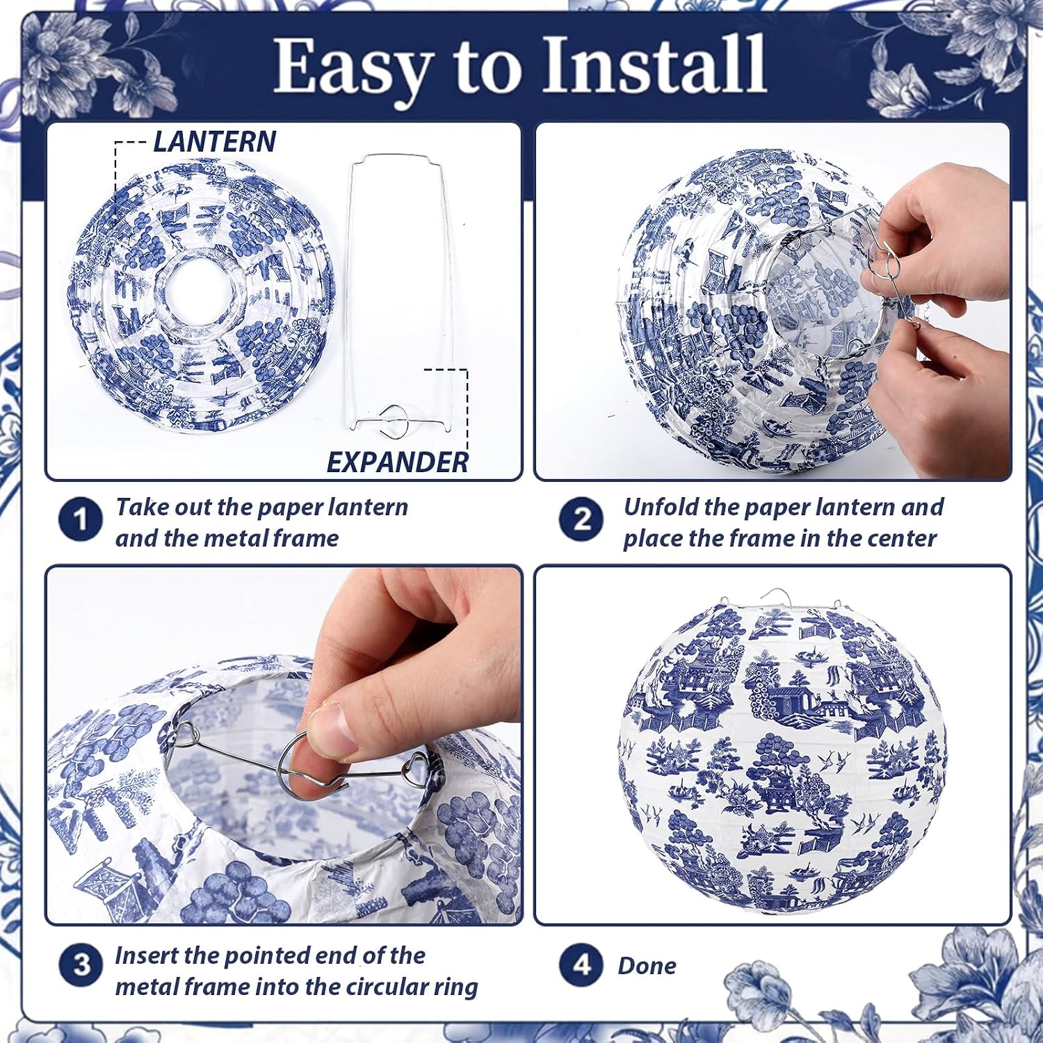 Faccito 12 Pcs Chinoiserie Paper Lanterns, 8 Inch Blue and White Porcelain Print Hanging Lantern Set, Chinese Vintage Country Decor for Home Wedding Birthday Baby Bridal Shower Party