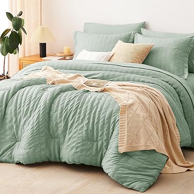 CozyLux King Size Comforter Set Light Blue Seersucker 7 Pieces Bed in a Bag King Comforter Set with Sheets, Luxury Bedding Set with Down Alternative Comforter, Sheets, Pillowcases & Shams All Seasons