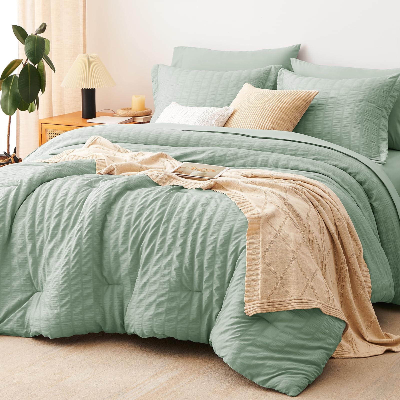 CozyLux Full Size Comforter Sets with Sheets Seersucker 7 Pieces Sage Green Bed in a Bag Textured Luxury Soft Bedding Set with Down Alternative Comforter, Sheets, Pillowcases & Shams for All Seasons
