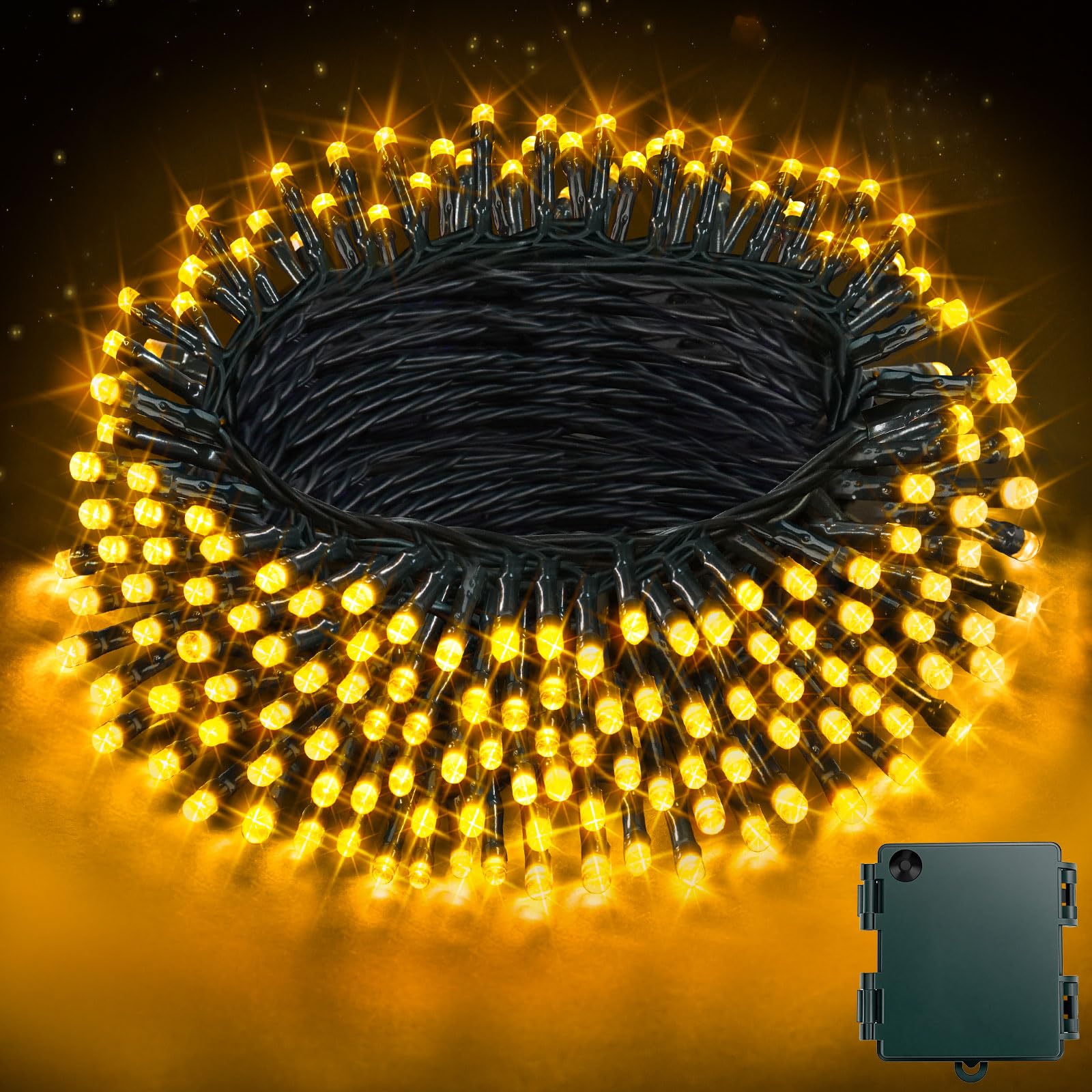 Buudala Guirnalda de Luces con Pilas - 21 Metros, 210 LED, IP44 Impermeable, 8 Modos + Temporizador para Jardín, Navidad, Fiestas, Interior/Exterior, Luces de Navidad con Pilas, Caja de Batería Verde