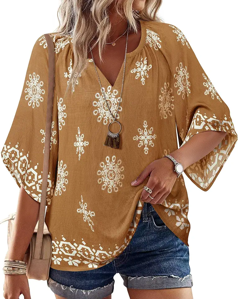 Bebonnie Womens 3/4 Sleeve V Neck Bohemian Peasant Blouses Casual Loose Fit Tunic Tops