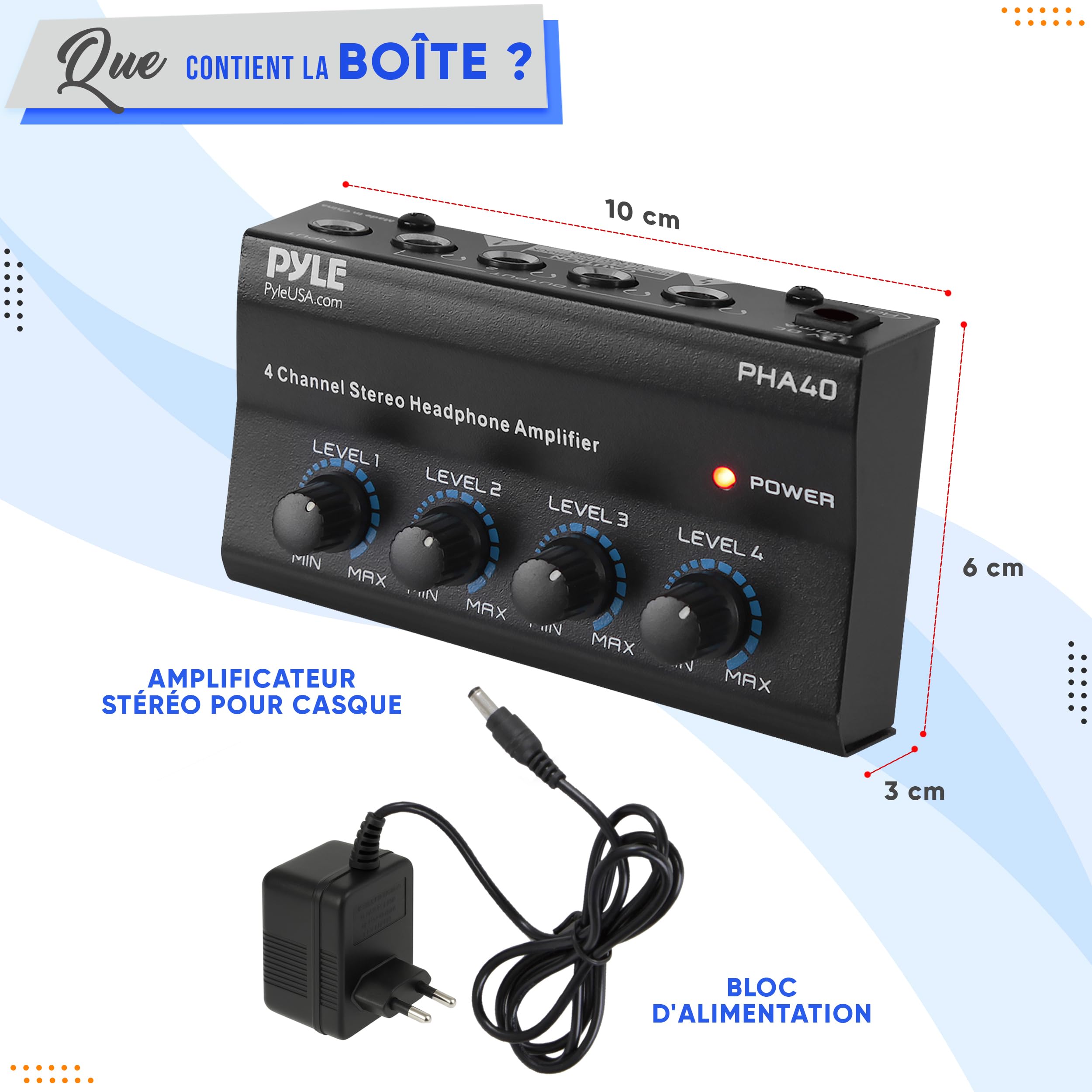 Pyle Amplificateur Casque Stéréo 4 Canaux – Ampli Audio Studio avec 4 Sorties TRS 6,35 mm et Entrée Audio, Répartiteur Écouteurs pour Table de Mixage, DJ et Enregistrement