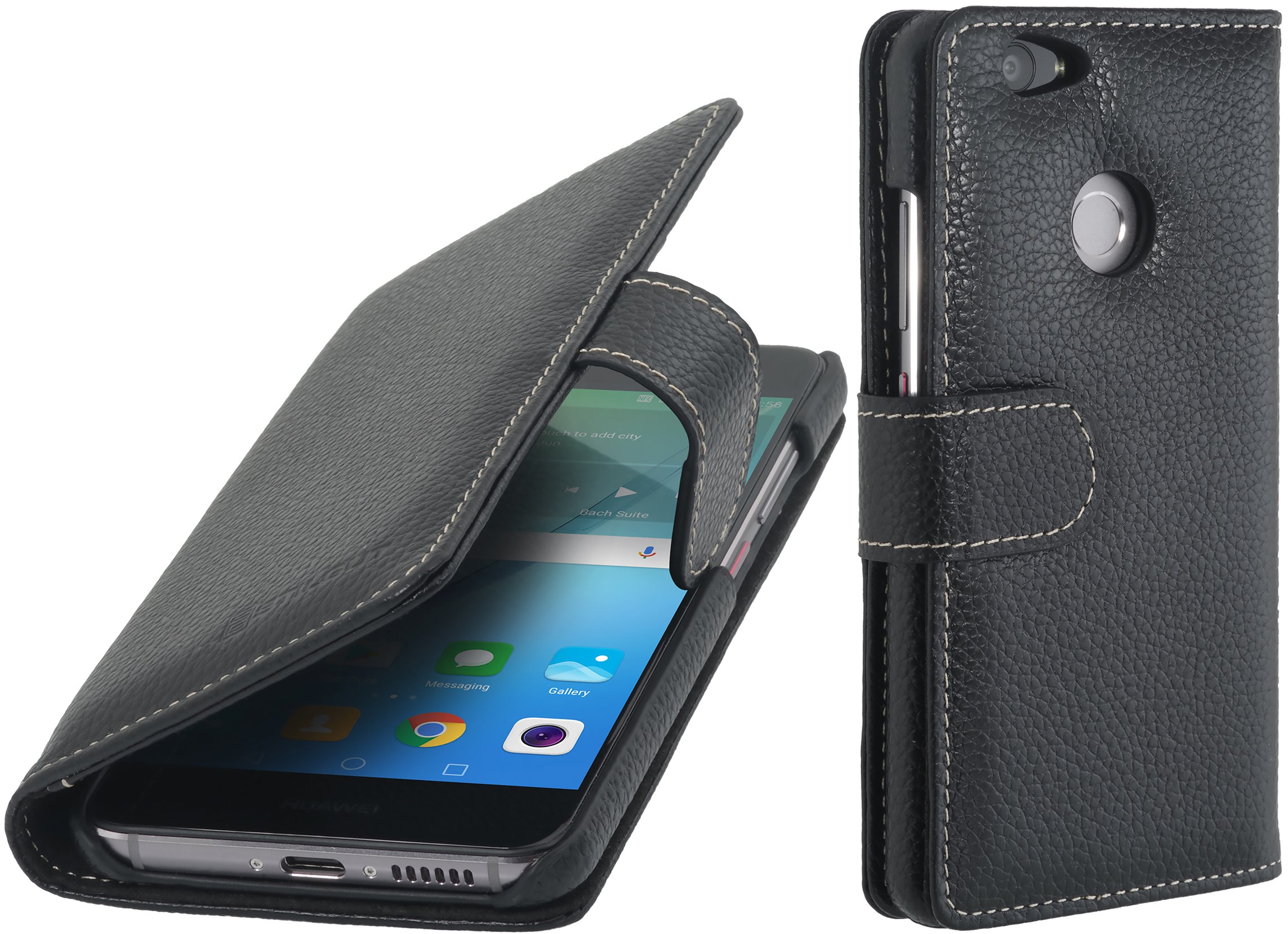 StilGut Book Type Case con Clip, custodia in pelle per Huawei Mate 8 & Mate 8 Dual SIM con funzione smart cover, Cognac