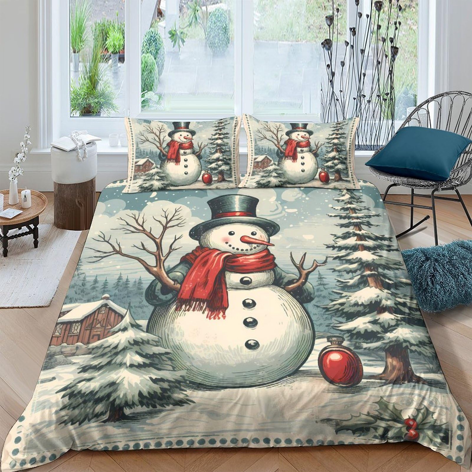 Ctjqhvkz Style-2 3D Printed Snowman Winter Forest Fitted Sheet Microfiber Soft Christmas Decor Bed Cover For Bedroom Guest Room Single（135X200cm）