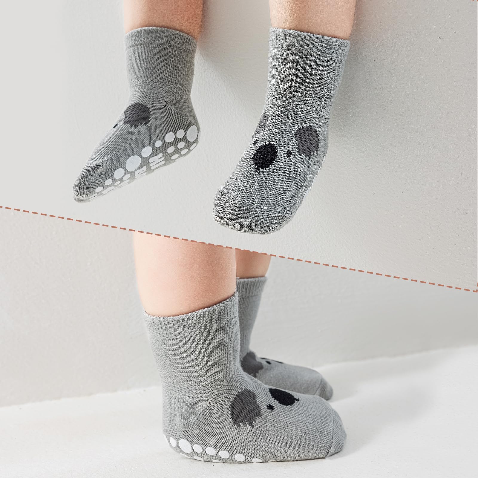 SockWaddles calzini stopper per bambini, 5 paia di calzini ABS traspiranti e antiscivolo per bambini, calzini gattonanti per bambini in cotone, calze per bambini e bambine con animali e unicorni