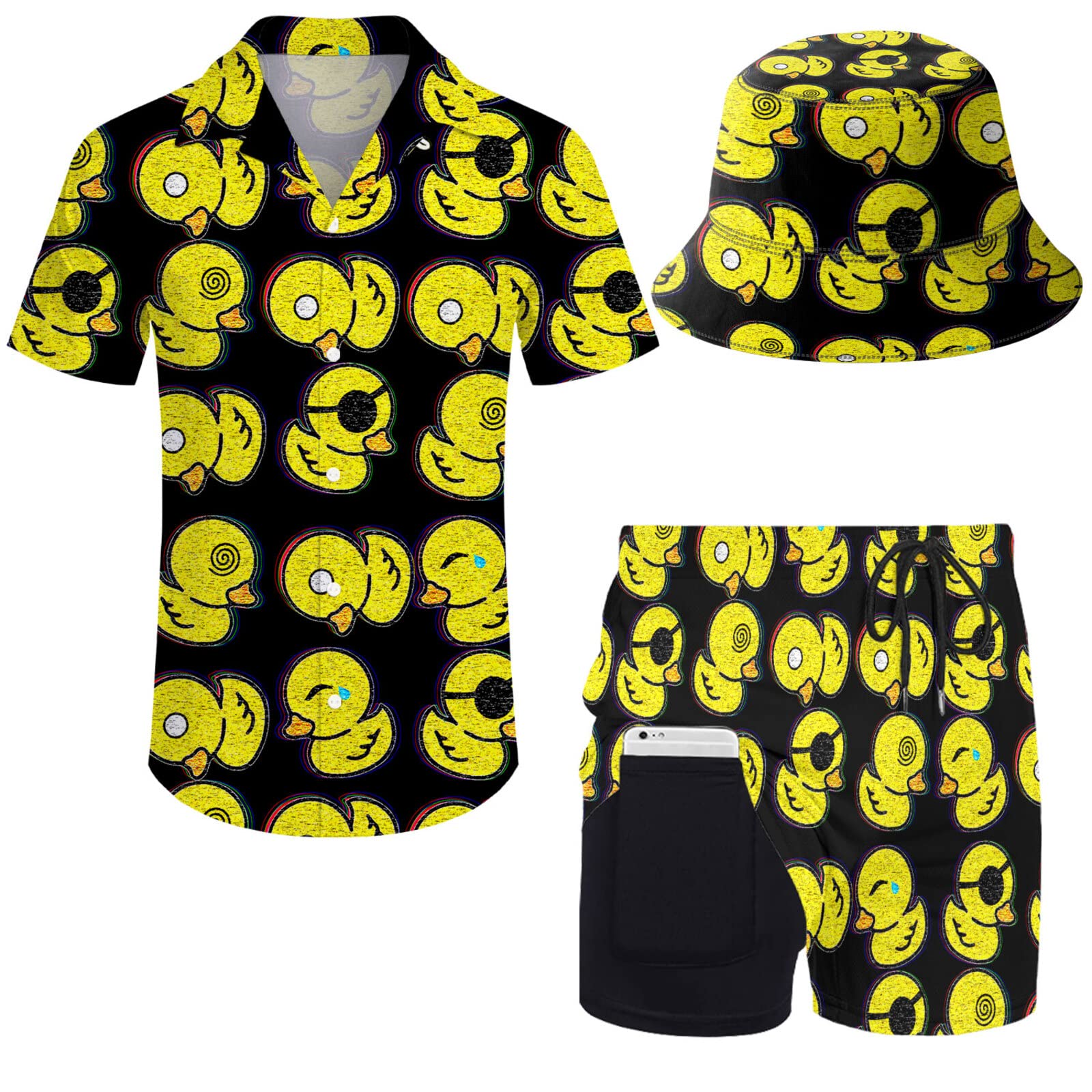 Wdpsuxin Mens 2 Piece Tracksuit Hawaiian Button Down Shirt and Compression Liner Shorts Sets with Bucket Hats, Rubber Duck520, XXL