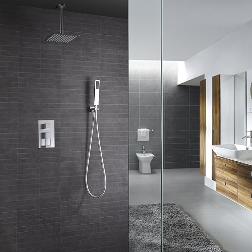 Miniatura 2 de sumerain Sistema de ducha de níquel cepillado, grifo de ducha de montaje en techo con válvula áspera, cabezal de ducha de lluvia de alta presión de