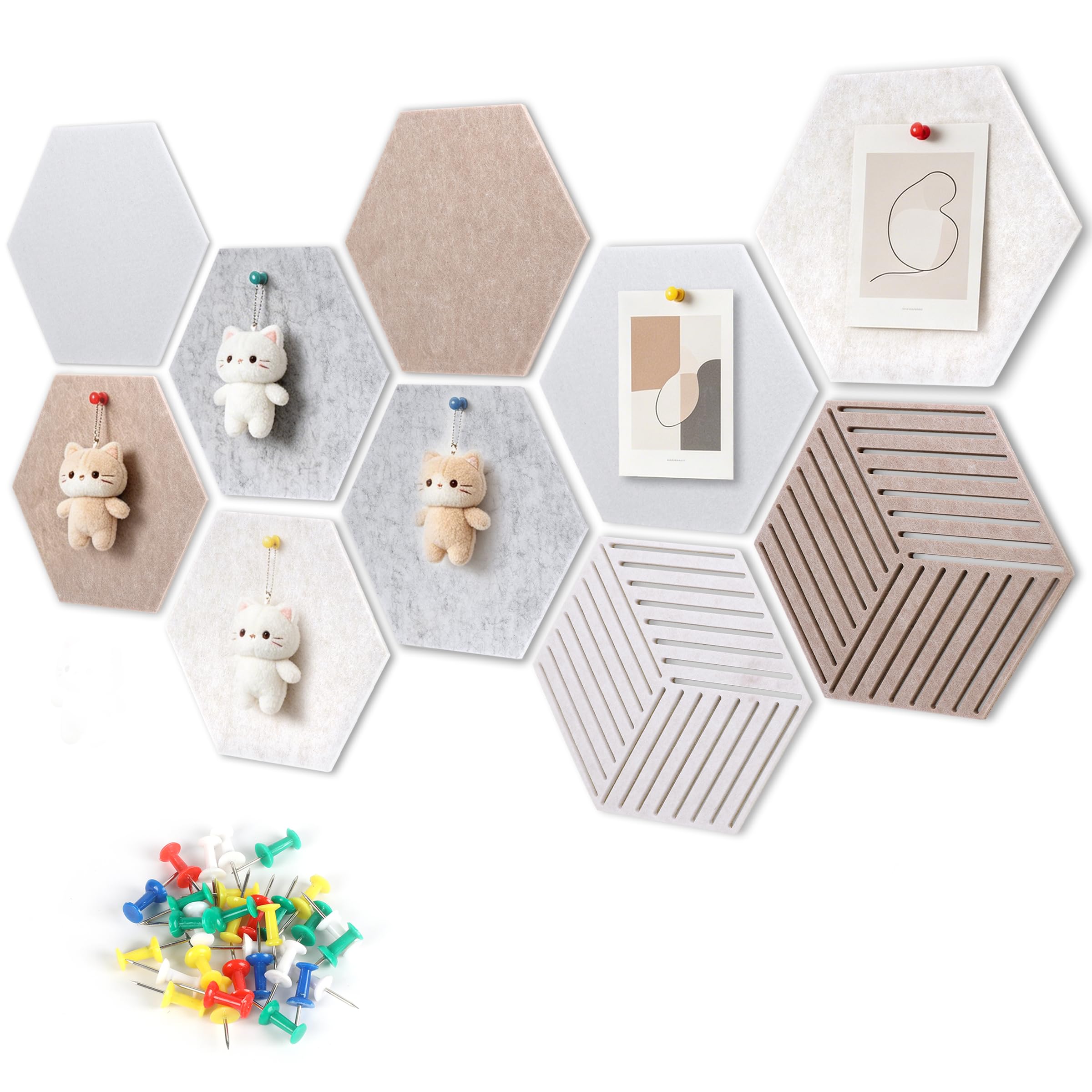 10Pcs Hexagon Felt Pin Board Tiles Self-Adhesive Bulletin Board with 30Pins