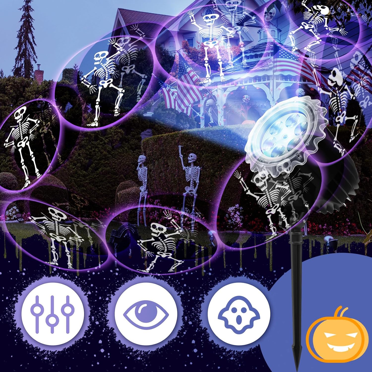 Halloween Projector Light with 1 Film Slides Holiday LED Projector Lights Outdoor Reflectors Waterproof Landscape Decorative Rotation Lighting Movement Projection Lamp(Dance Skeleton)