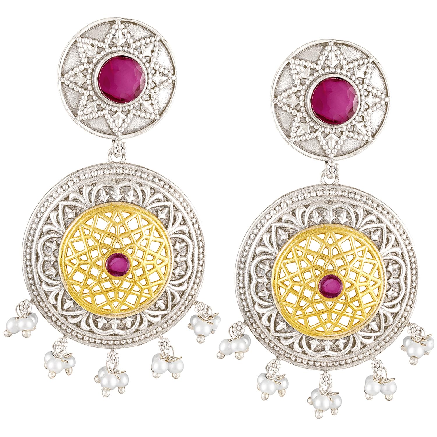 Oxidized Silver Plated Faux Ruby & Lariya Studded Ethnic Dangle Earrings Fashion Jewellery for Women & Girls-image-18