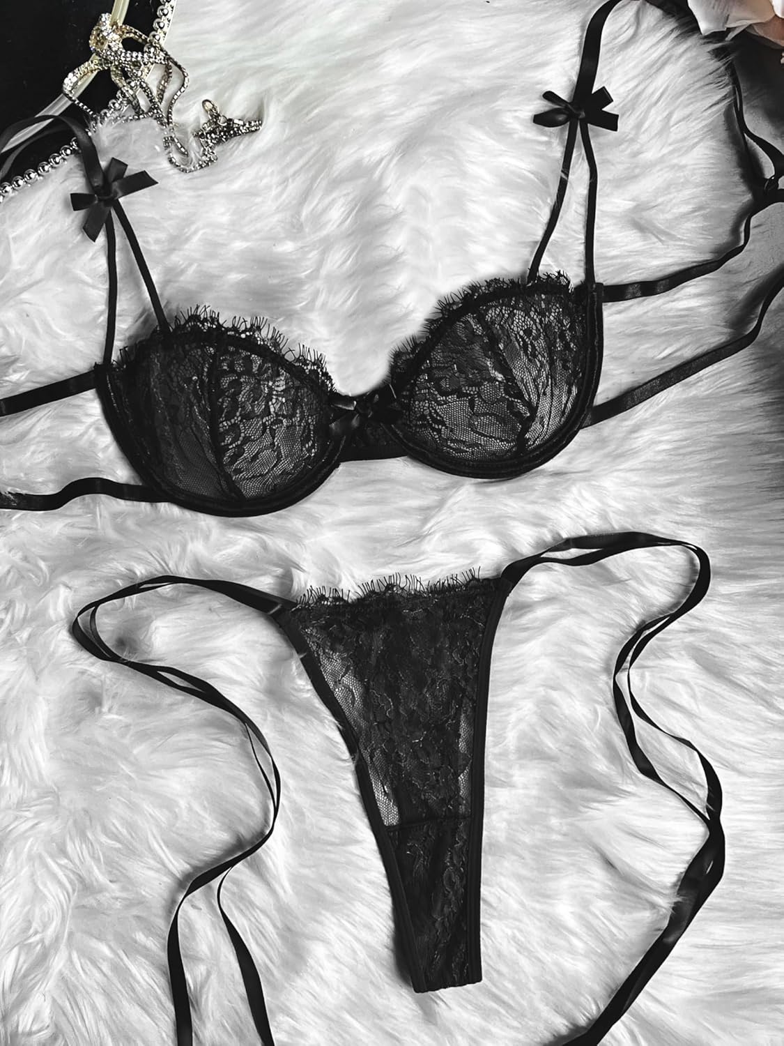 popiv Women Sexy Lace Lingerie Set Matching Bow-Knot Bra and Side Tie Up Panty Set - Image 4