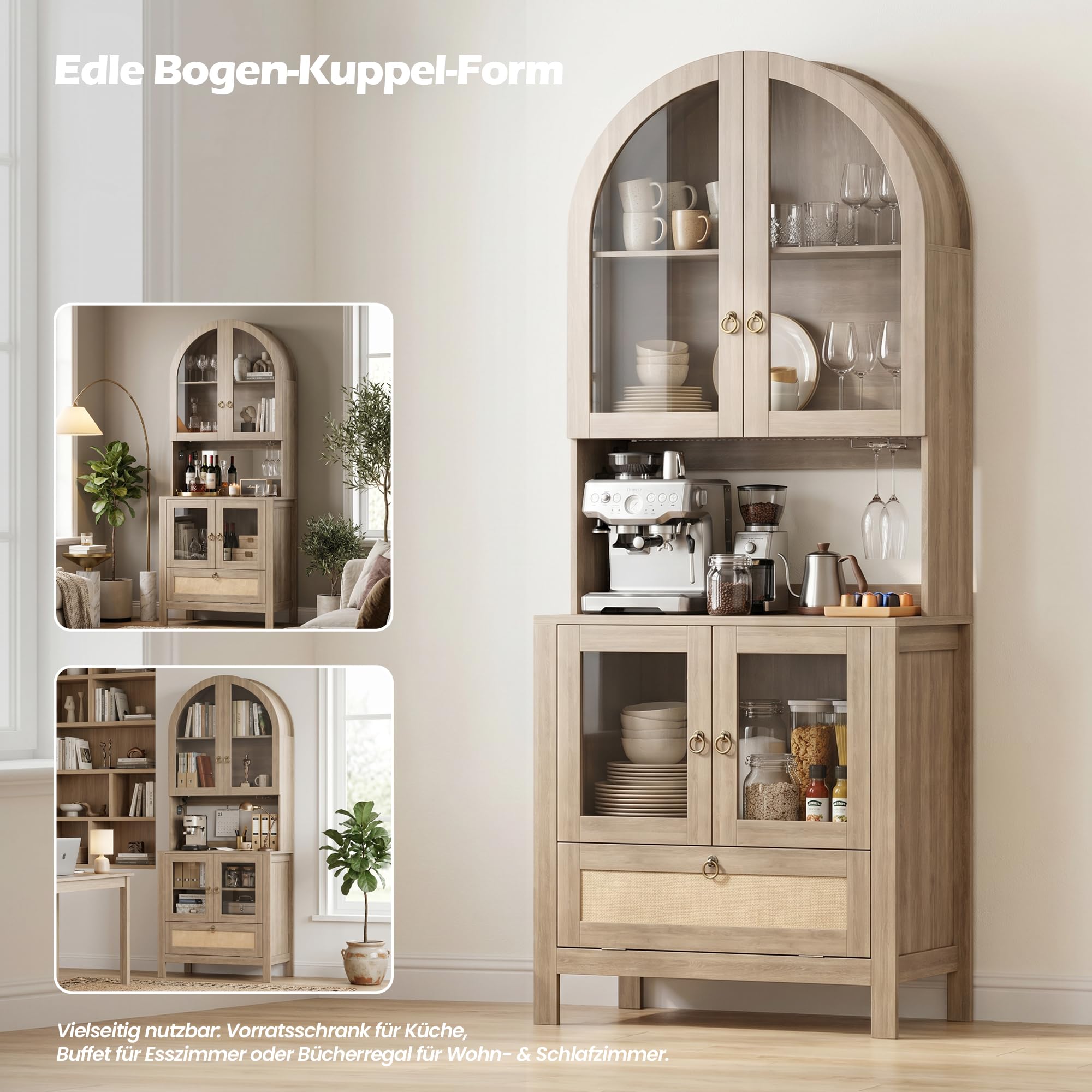 GRAVFORCE Küchenschrank mit Arbeitsplatte und Steckdose – 190cm Buffetschrank mit LED Sideboard Küche Glastür verstellbaren Böden Vorratsschrank Kippsicherung für Küche Esszimmer Holzfarbe