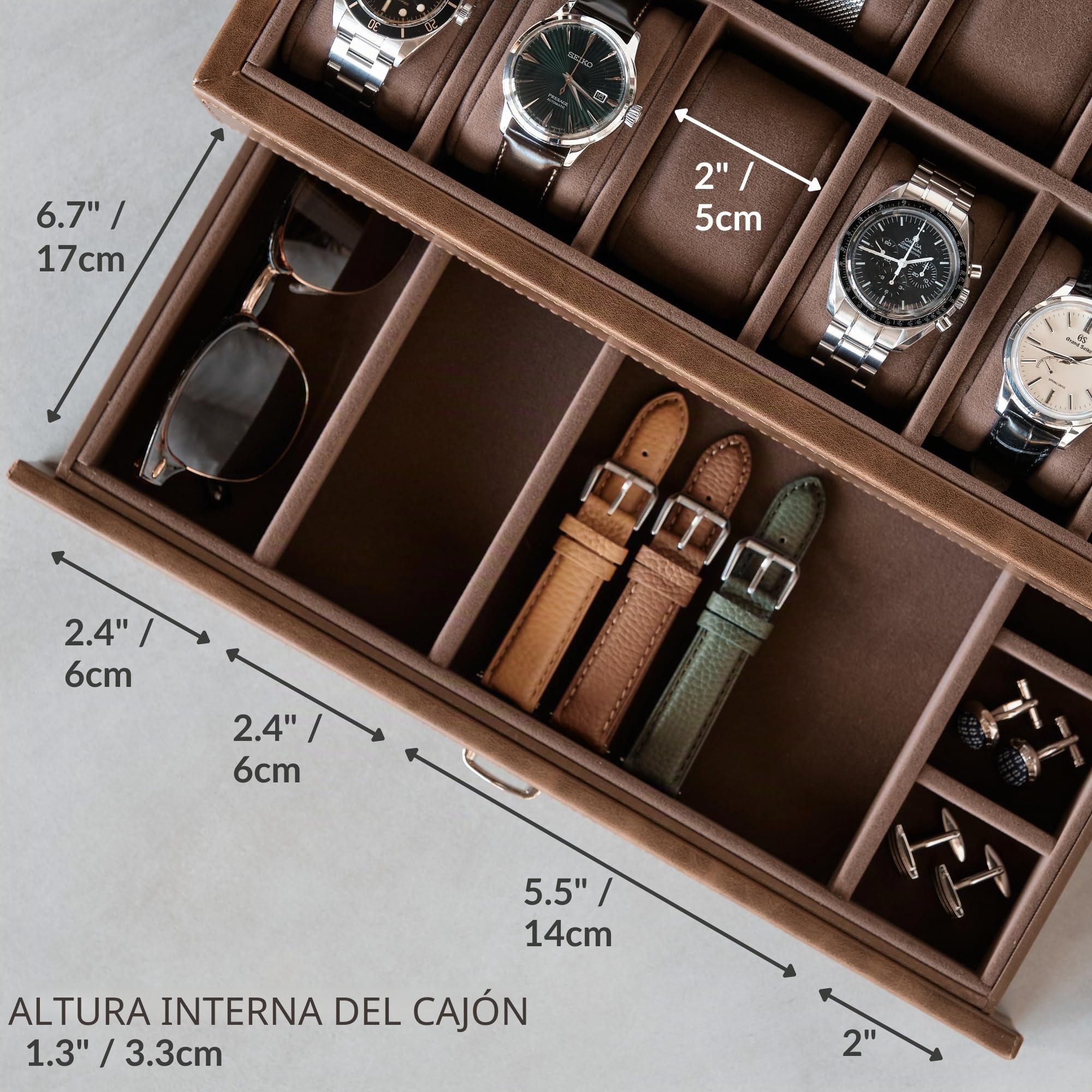 TAWBURY Caja de reloj para hombre – 8, 12, 12 Slot with Drawer, Cuero sintético - Marrón