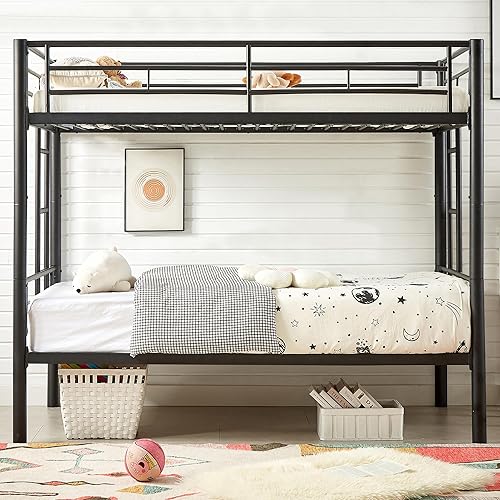 Miniatura 3 de VECELO Litera de metal individual sobre individual, literas industriales con escalera y barandilla de longitud completa, sin ruido, no necesita