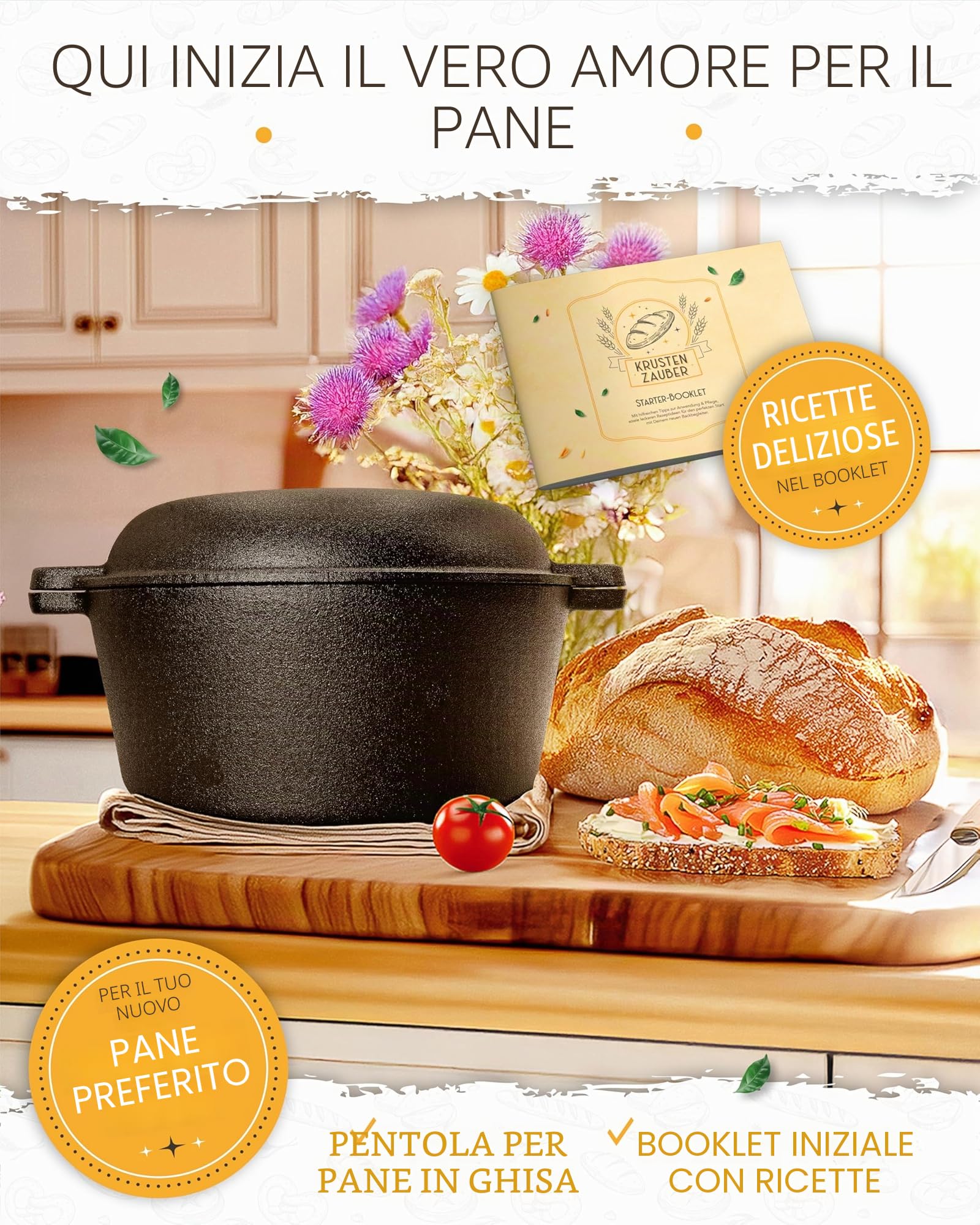 KRUSTENZAUBER Pentola in ghisa con coperchio – 26 cm Dutch Oven come teglia in ghisa o pentola per pane – Cast Iron Pot come pentola di alta qualità con ricette