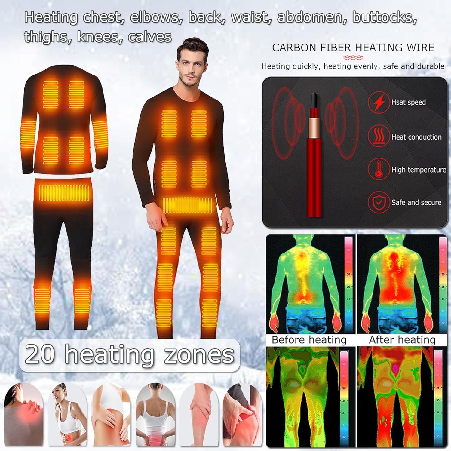 USB Heated Thermal Underwear Set Outdoor Hunting Heated Top Bottom Pants with 20 Heating Zone for Men Women, Washable