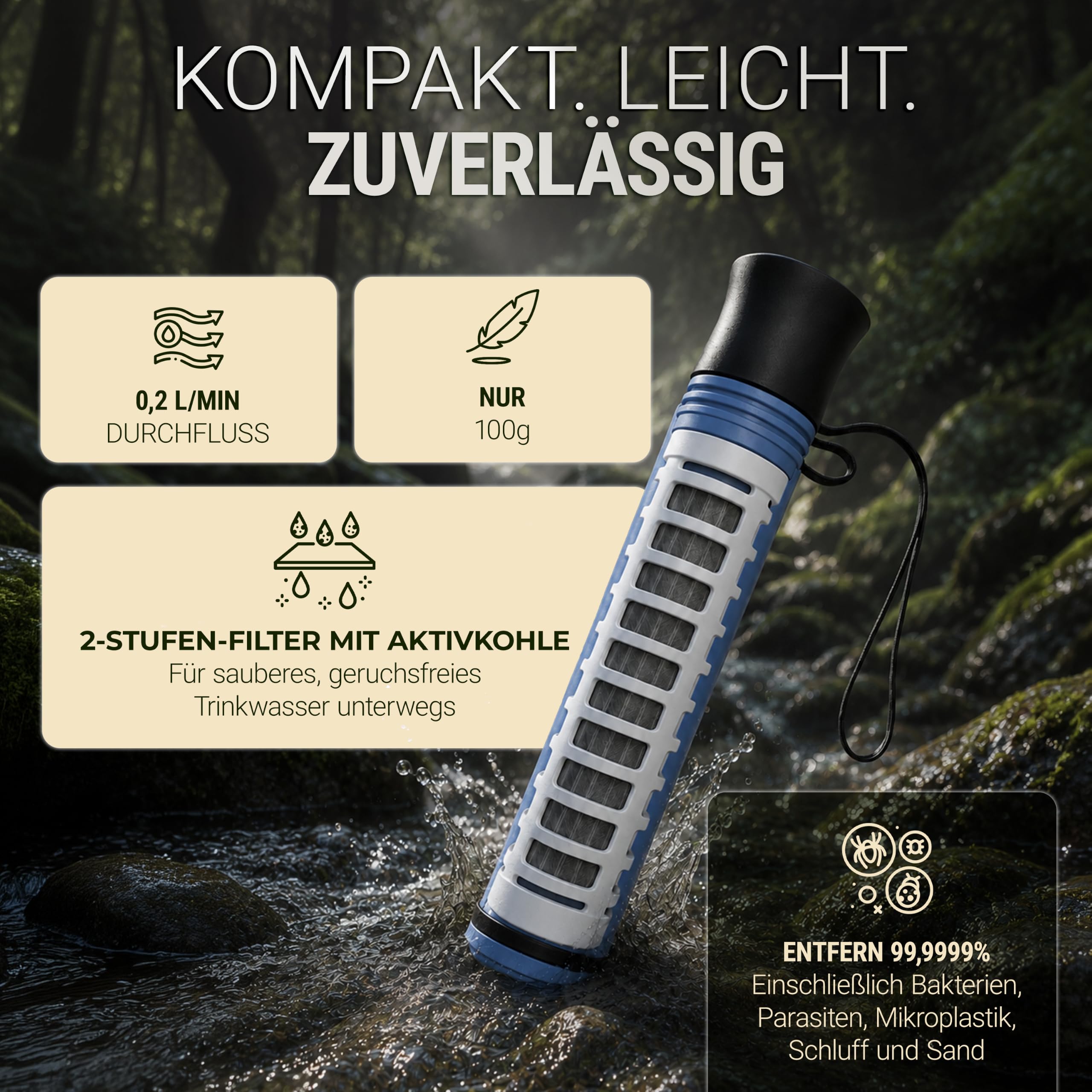Bachgold Straw Wasserfilter Outdoor Survival – Entfernt 99,99% Viren, Bakterien & Protozoen – 2-Stufen Elektroadsorption mit 70 cm Schlauch – Ultraleicht, für Camping, Wandern & Notfall, Schwarz