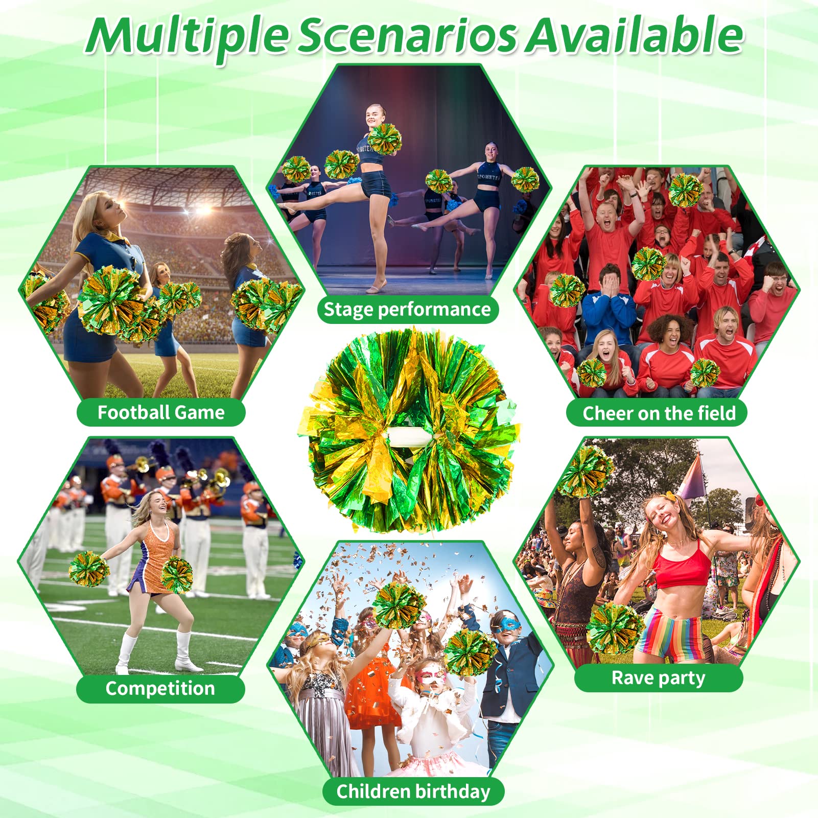 Creatiee metaliczne pompony cheerleaderki dla dzieci, 2 pary cheerleaderek, cheerleaderki, pompony dla chłopców, dziewcząt, szkoły, gry sportowe, duch drużyny, cheerleaderka, zielone złoto, 4 szt