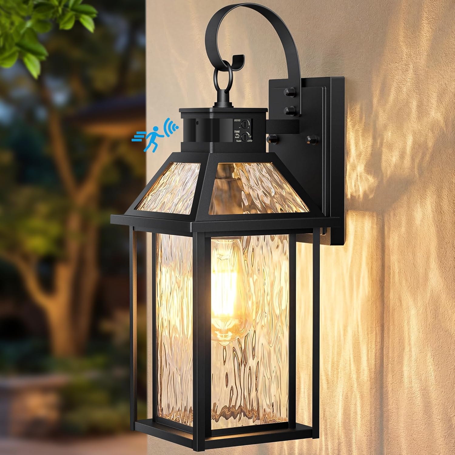 Lotsky 14" Porch Lights Outdoor, Motion Sensor Outside Sconces, Dusk to Dawn Exterior Lighting Fixtures with Water Glass,Anti-Rust Aluminum Waterproof Black Wall Light for House Garage Entryway