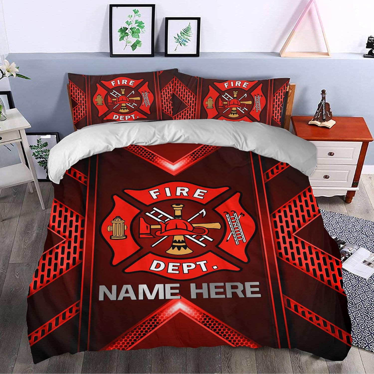 OhaPrints Personalized Firefighter Duvet Cover, Firefighter Thin Red Line Flag Back The Red Bedding Set & Pillowcases, Custom Name Soft Lightweight Twin Full Queen King Comforter Cover Bed Set