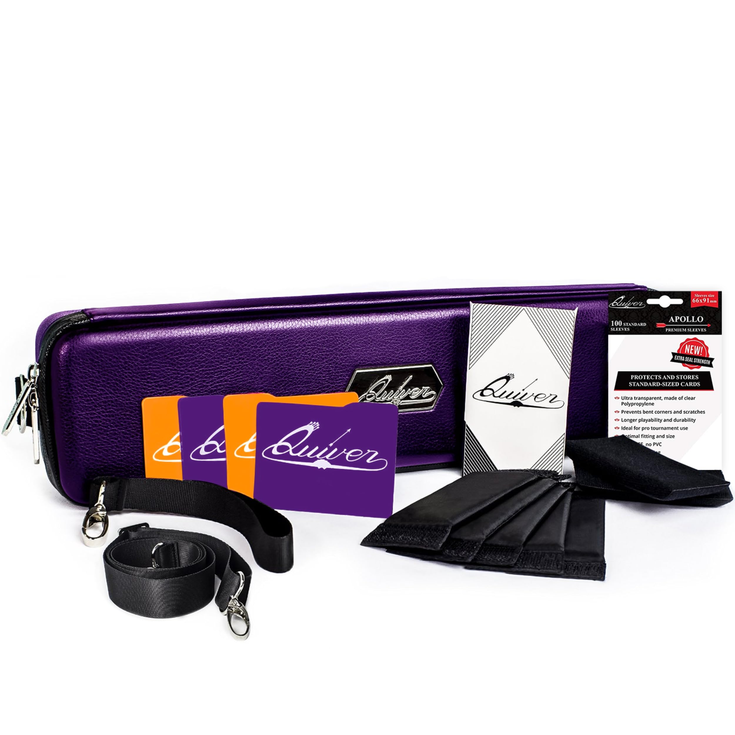 Quiver Time Purple Quiver Card Carrying Case - TCG Cards Deck Box Holder for Trading Cards, MTG Bag Playing Card Case (+Wrist & Shoulder Strap, Dividers, Separators, Corner Pads + 100 Apollo Sleeves)