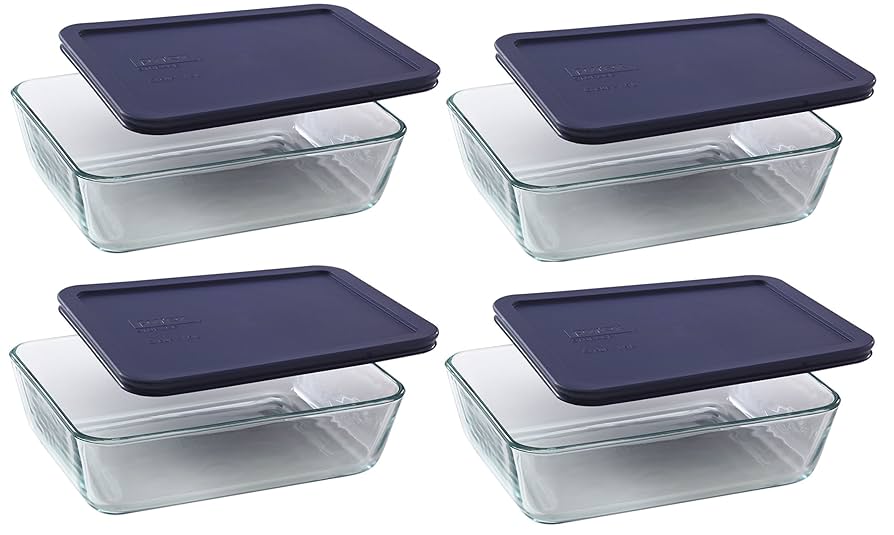 Pyrex 6-cup 7211 Rectangle Glass Food Storage Containers with Blue Plastic Lids - 4 Pack Made in the USA