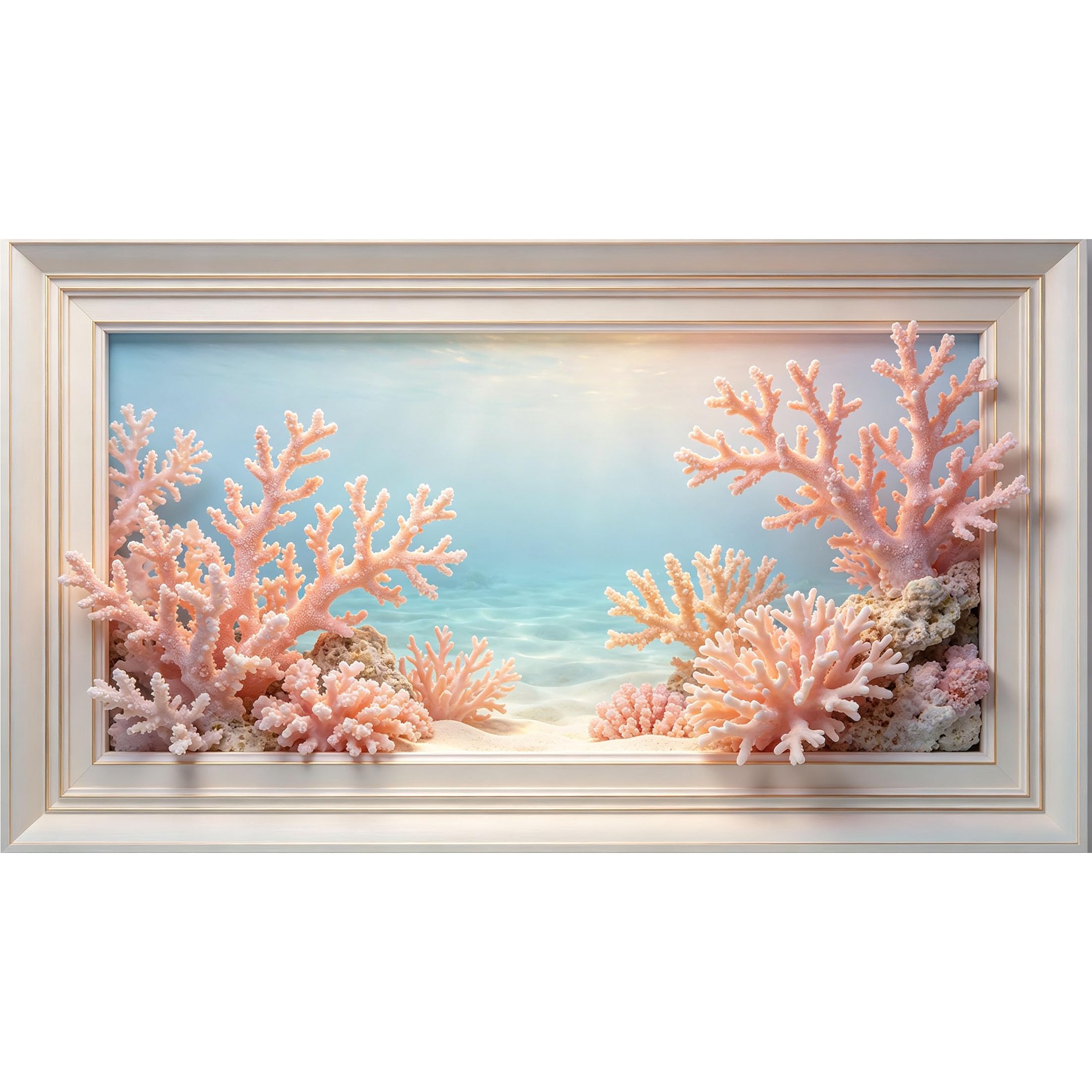 QZLITHOTIC 50×90cm3D Framed Wall Art， Coastal Pink Coral Reef Ocean View SelfAdhesive Mural， WaterActivated Peel & Stick Fabric Decor Wall Decal for Bedroom Living Room