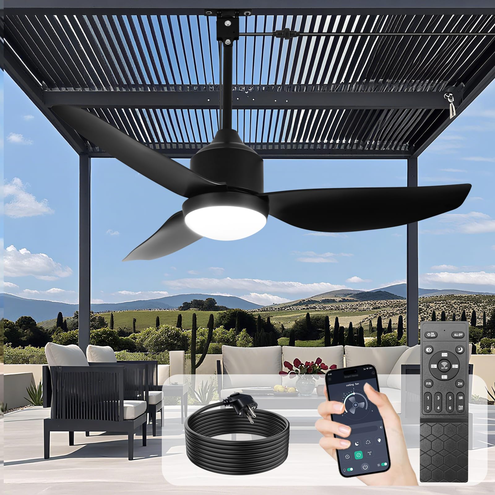 Depuley Ventilador de techo para exteriores con luz: Ventilador colgante negro de 42" para cenador, resistente al agua - Ventiladores enchufables para exteriores para patios con mando a distancia APP