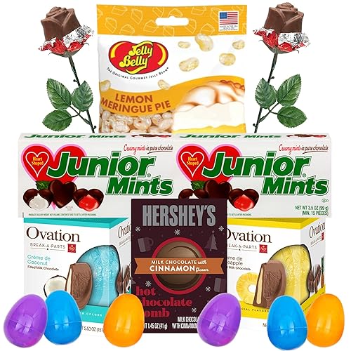 Rellenos de cesta de Pascua para adultos, frijoles de gelatina de merengue de limón, piña y coco ovación, rosas de chocolate, corazones de menta disponible en Yaxa Colombia