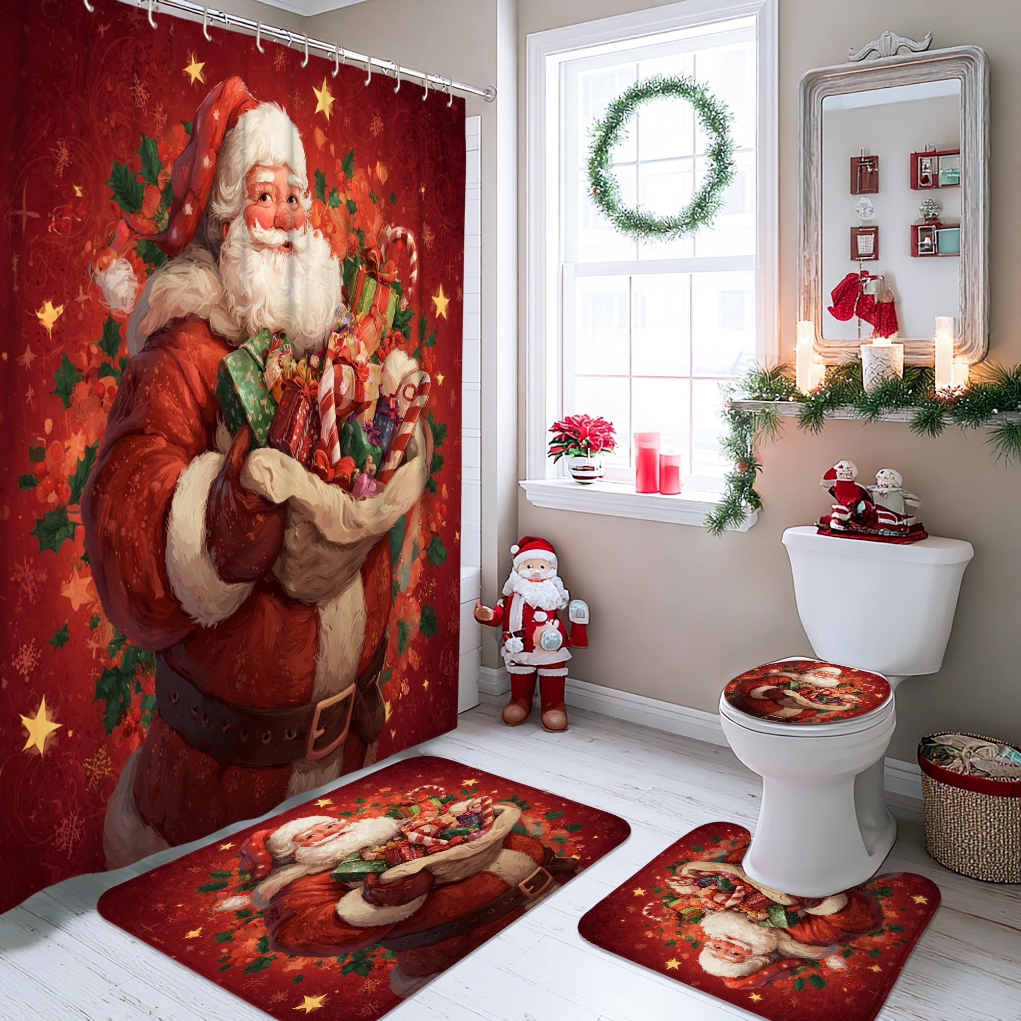 Set di 4 tende da doccia con Babbo Natale, tappeto da bagno rosso per le vacanze, accessori per decorazioni natalizie per il bagno, moderna tenda da doccia in tessuto impermeabile con ganci, 182 x 183