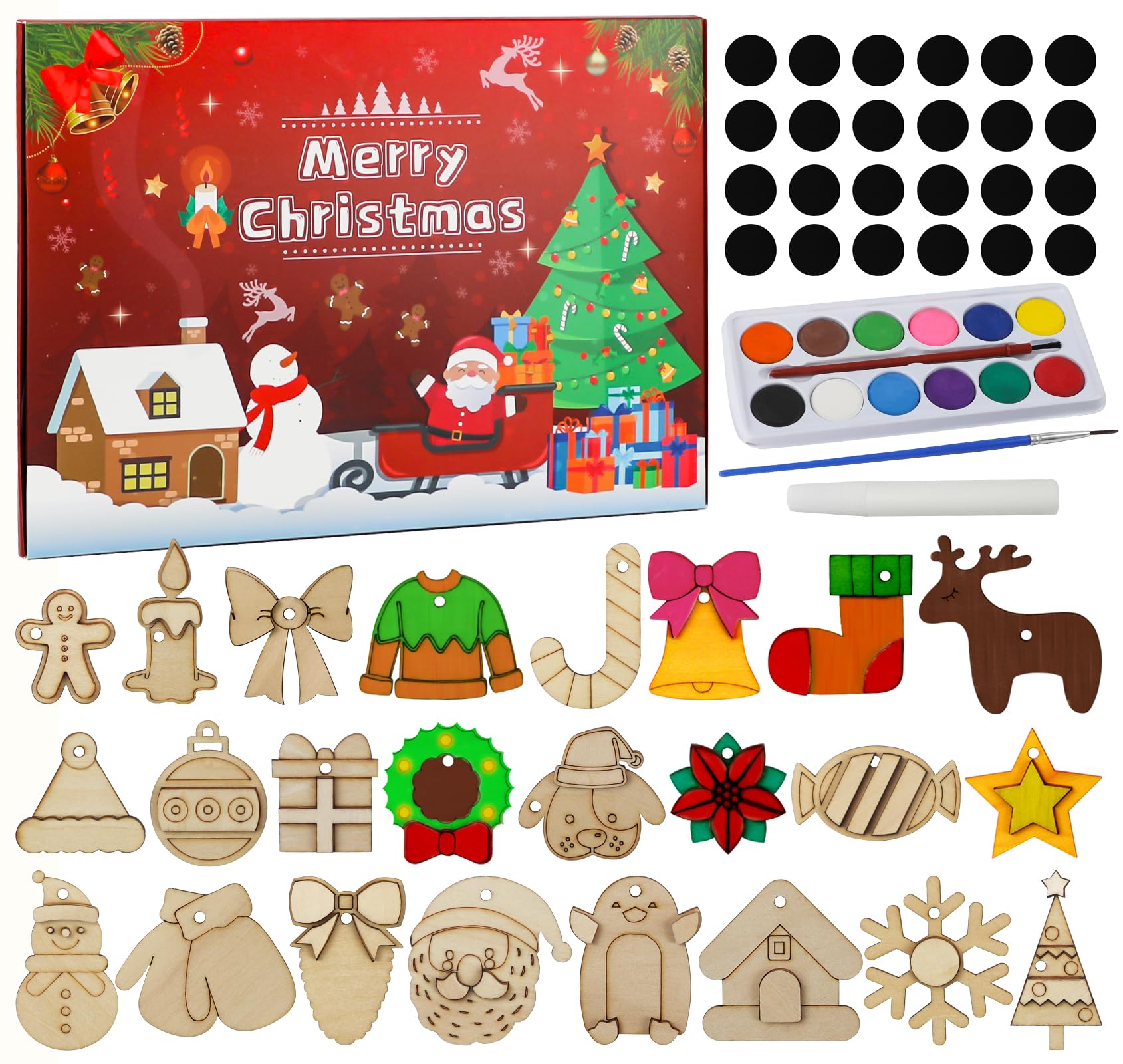Craft Advent Calendar 2025-24 Days Christmas Countdown Calendar Wooden Art Crafts Painting Kit - DIY Wooden Magnets Christmas Ornament Kit - Christma‘s Party Favor Gifts for Kids Adults