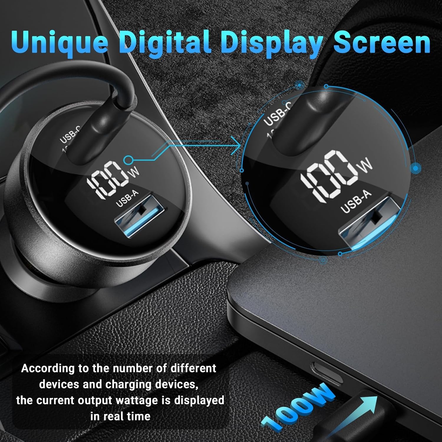 100W USB C Fast Car Charger with Display, PD3.0+QC Type C Car Charger Adapter with 100W USB C Fast Cable, Fast Charging for Laptops, MacBook Pro, iPad, iPhone 16/15/Pro Max, Galaxy S24/S23 Ultra Etc.
