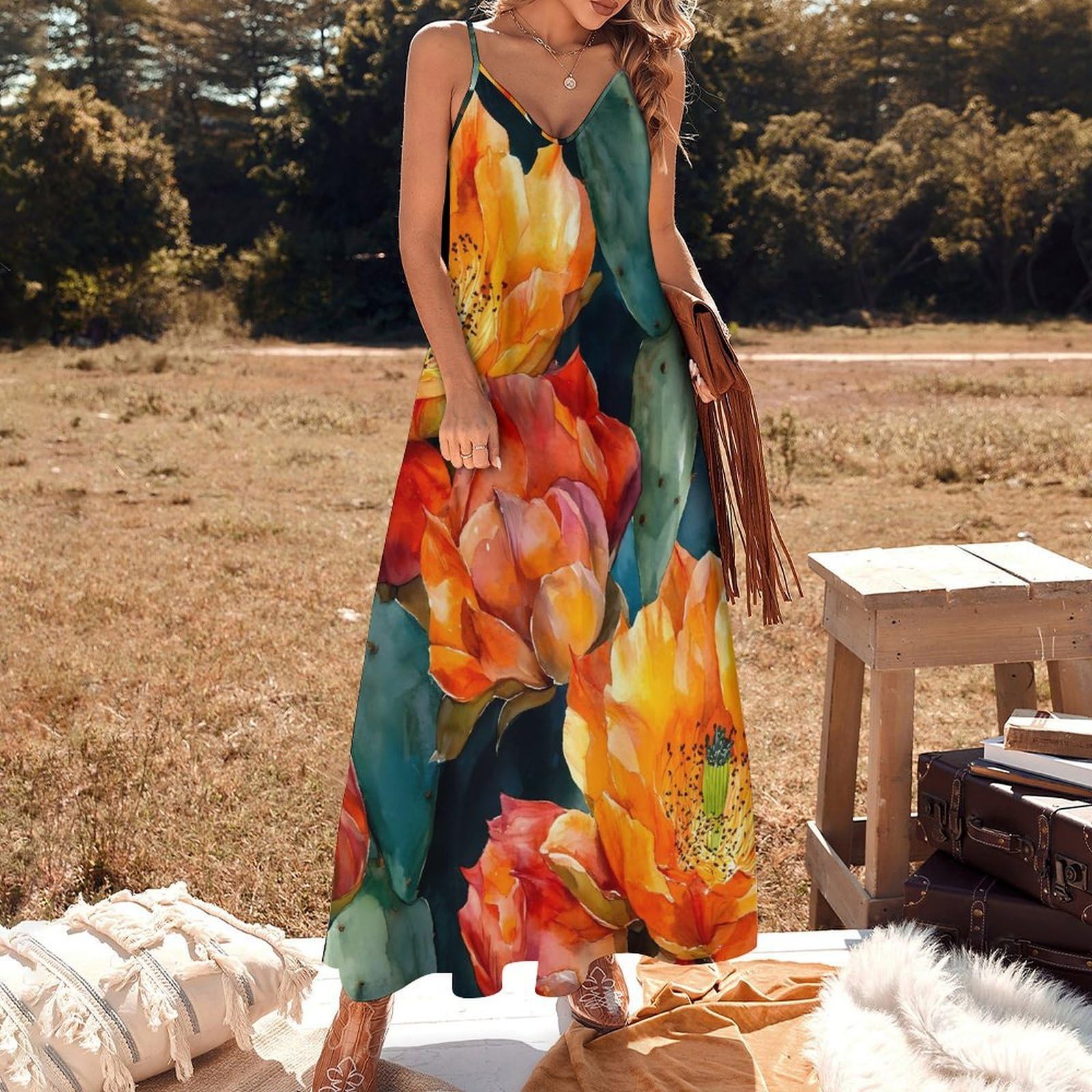 Vestido largo casual con estampado de flores de cactus naranja para mujer, con tirantes delgados ajustables, vestido de playa